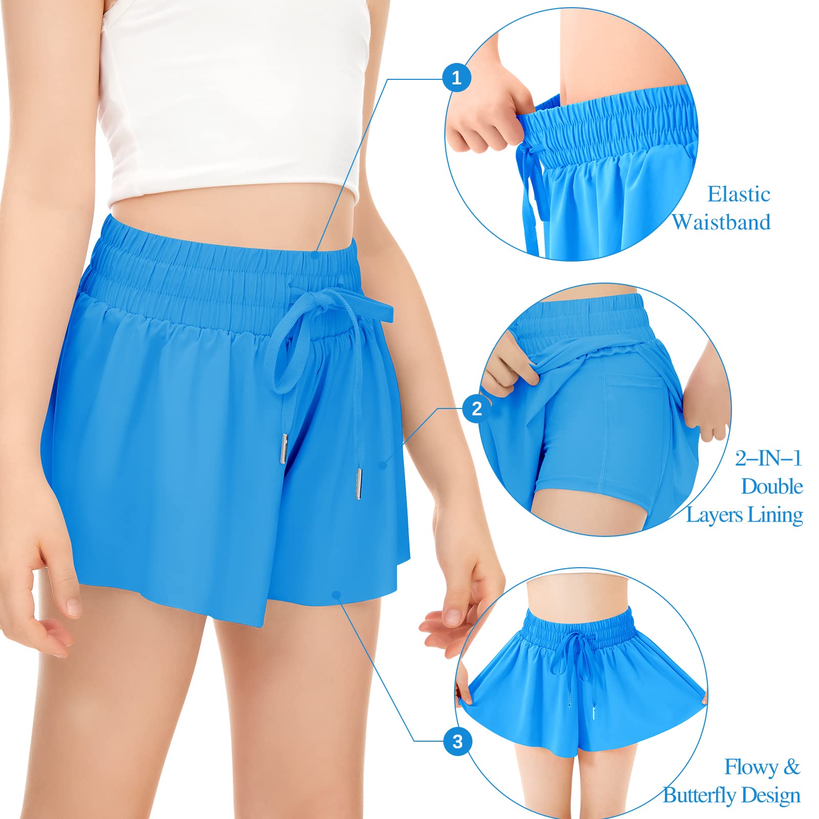 Girls Athletic Running Shorts with Pockets - 2-in-1 Butterfly Spandex Shorts for Teens & Youth | Perfect for Sports, Gym, Dance & Summer Activities