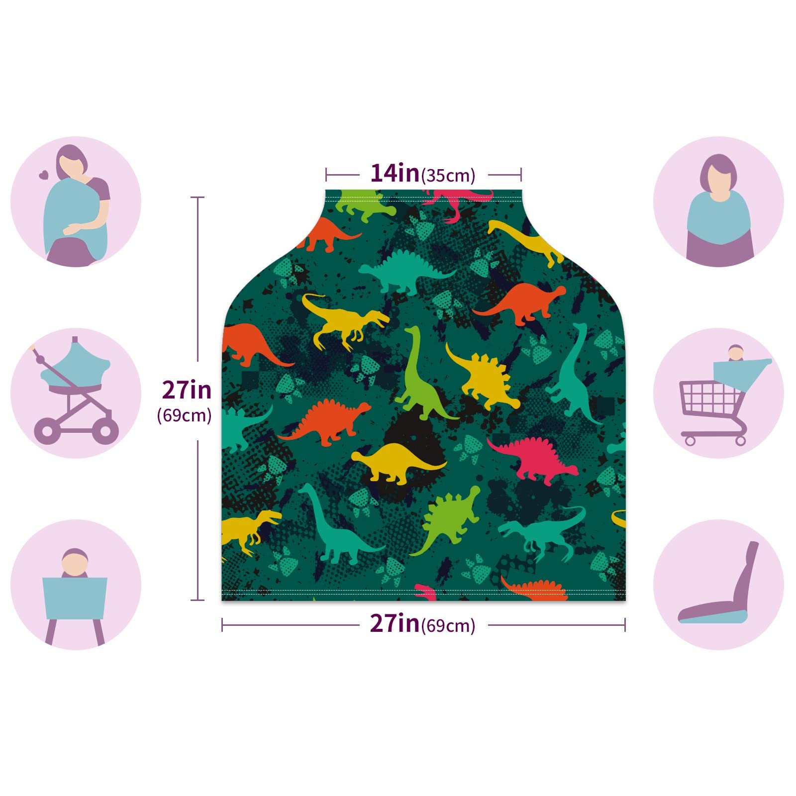 Dinosaur Print Baby Car Seat Cover & Nursing Scarf - Soft, Breathable, Stretchy Infant Car Canopy for Boys & Girls - Perfect for Strollers, Breastfeeding, and Car Seat Protection