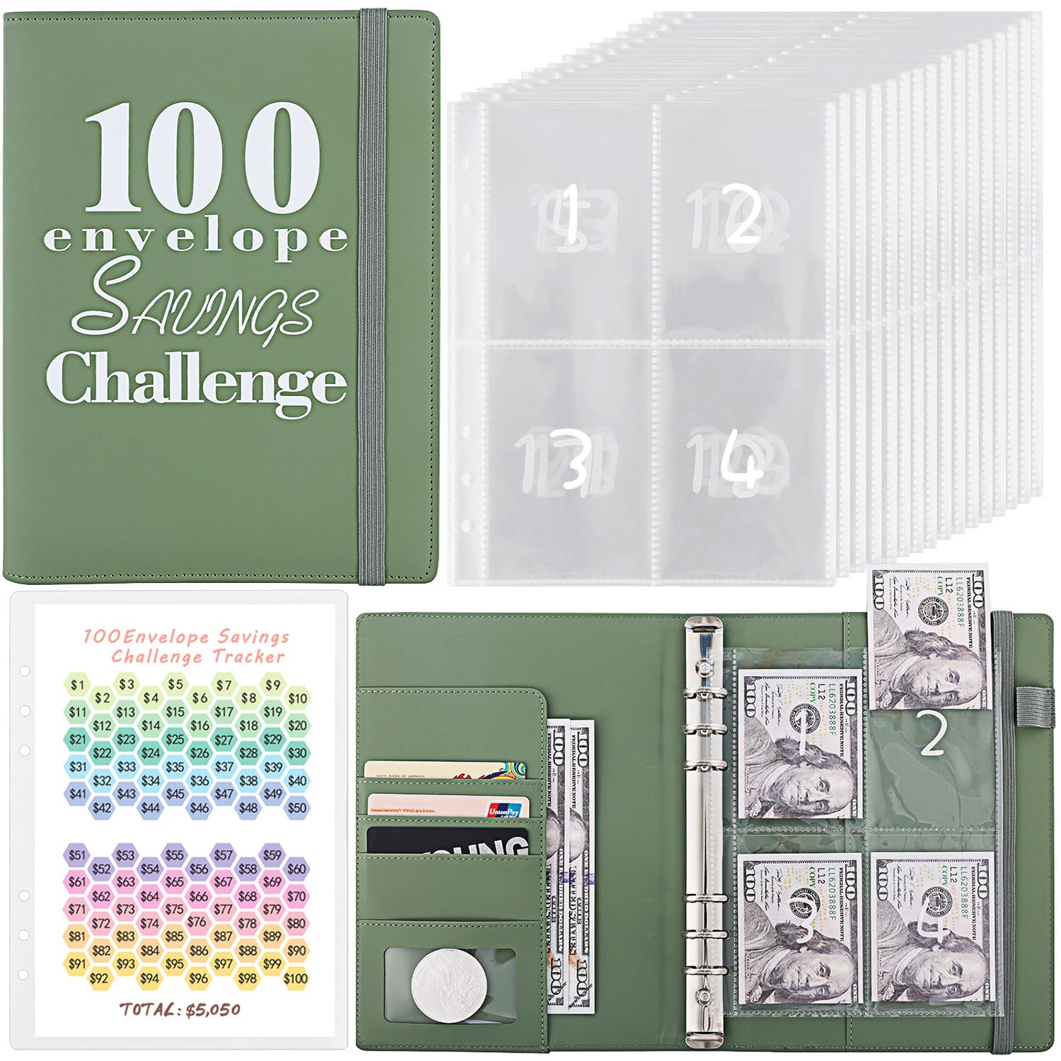 Reusable A5 Money Saving Challenge Binder - 100 Cash Envelopes Budget Organizer for $5,050 Savings Challenge | Funny Finance Planner for Cash Budgeting & Expense Tracking | Perfect for Personal Finance Goals, Couples Saving, or Family Budget Management (Army Green)