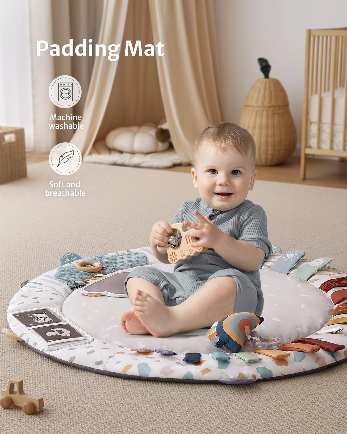 Blissful Diary Baby Play Gym & Activity Mat - 5 Developmental Zones Wooden Tummy Time Mat with 6 Detachable Sensory Toys for Infant Motor Skills & Sensory Development | Newborn Essentials, Baby Shower Gift for Boys & Girls | Perfect for Nursery, Playtime & Learning Activities