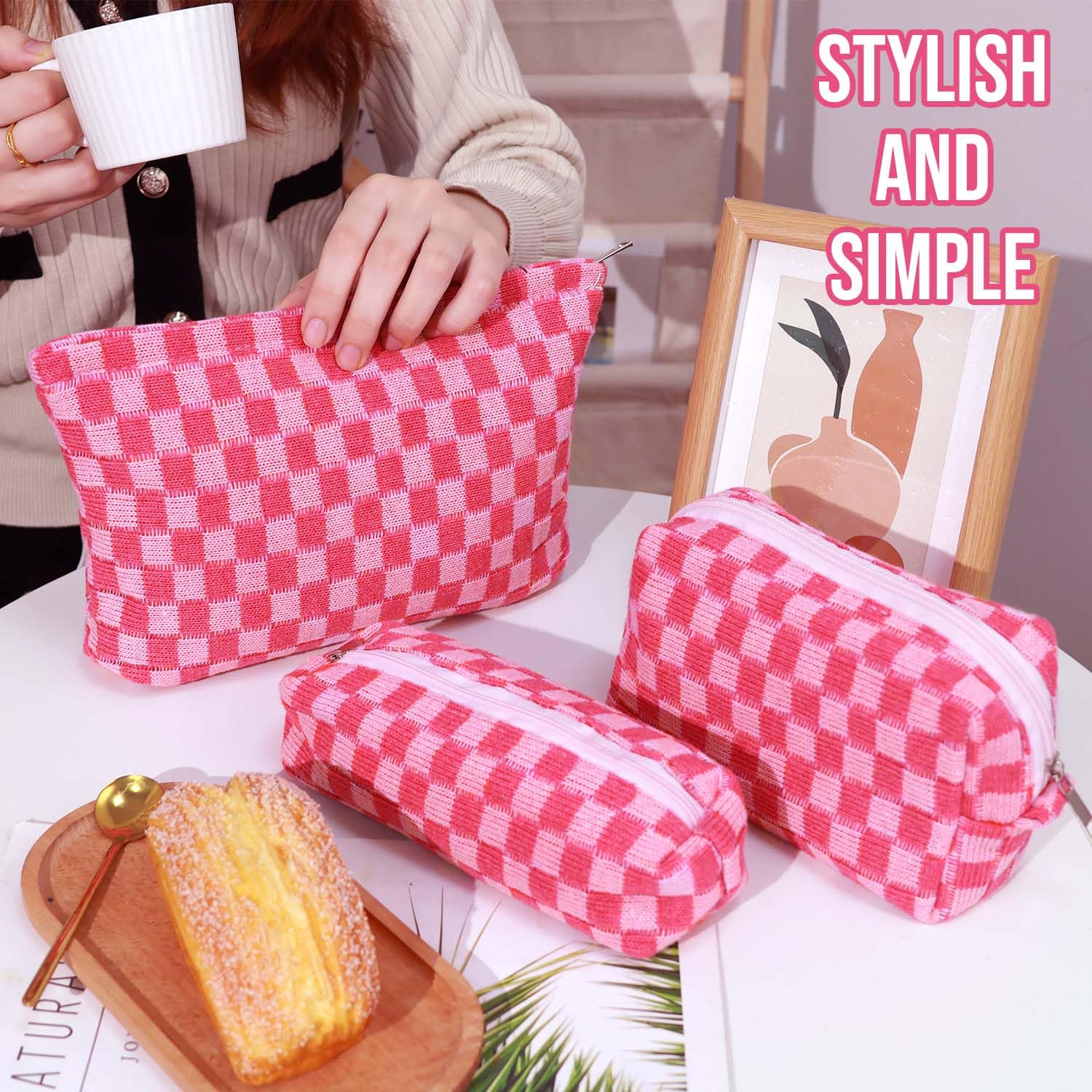 3-Piece Checkered Makeup Bag Set for Women & Girls - Large Capacity Cosmetic Organizer, Travel Toiletry Pouch, Bathroom Storage (Rose Red) | Perfect for Travel, Gym, Daily Use & Gift Giving