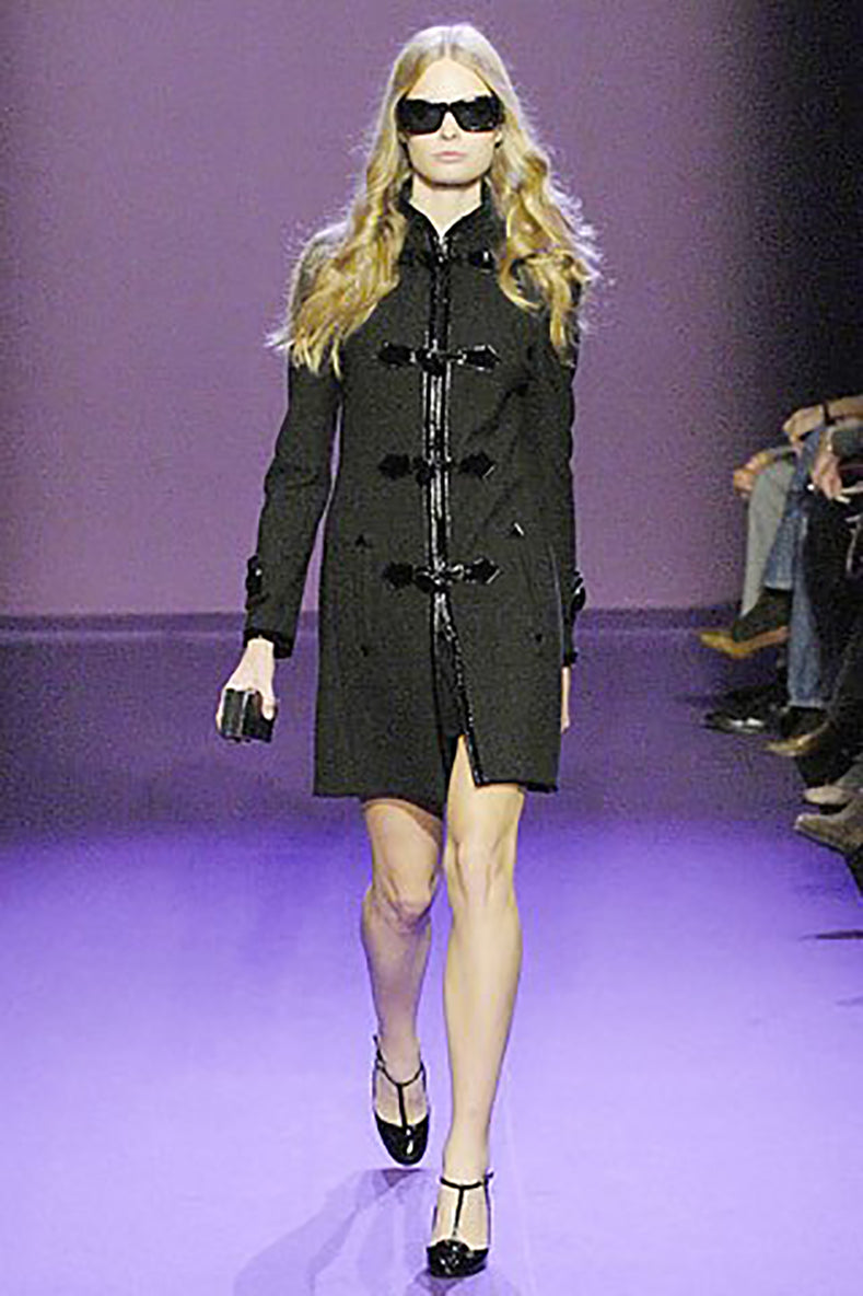 Andrew GN Black Wool Coat with Patent Leather Trim & Toggle Buttons - Winter Fashion Outerwear for Women | Office, Party & Formal Occasions