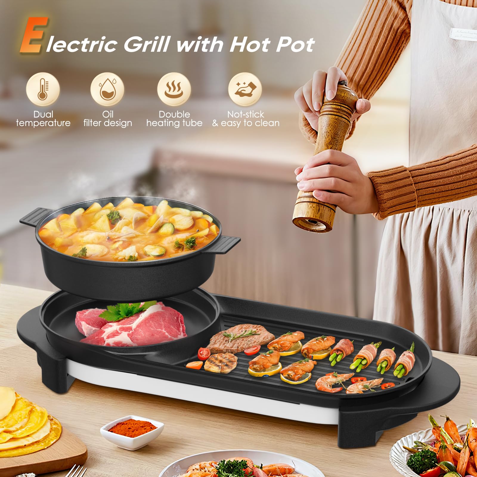 2 in 1 Electric Smokeless Hot Pot & Grill Combo - 2200W Removable Non-Stick Pot for Korean BBQ, Shabu Shabu & Indoor Cooking - Dual Adjustable Temperature Control for 1-6 People - Perfect for Family Gatherings, Dinner Parties & Asian Cuisine Lovers