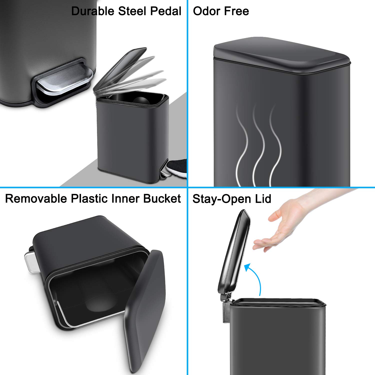 Small Soft Close Trash Can with Removable Inner Basket - 5L/1.3Gal Rectangular Garbage Bin for Bathroom, Bedroom & Office - Anti-Fingerprint Matte Finish in Light Gray - Perfect for Small Spaces, Home Decor & Waste Disposal