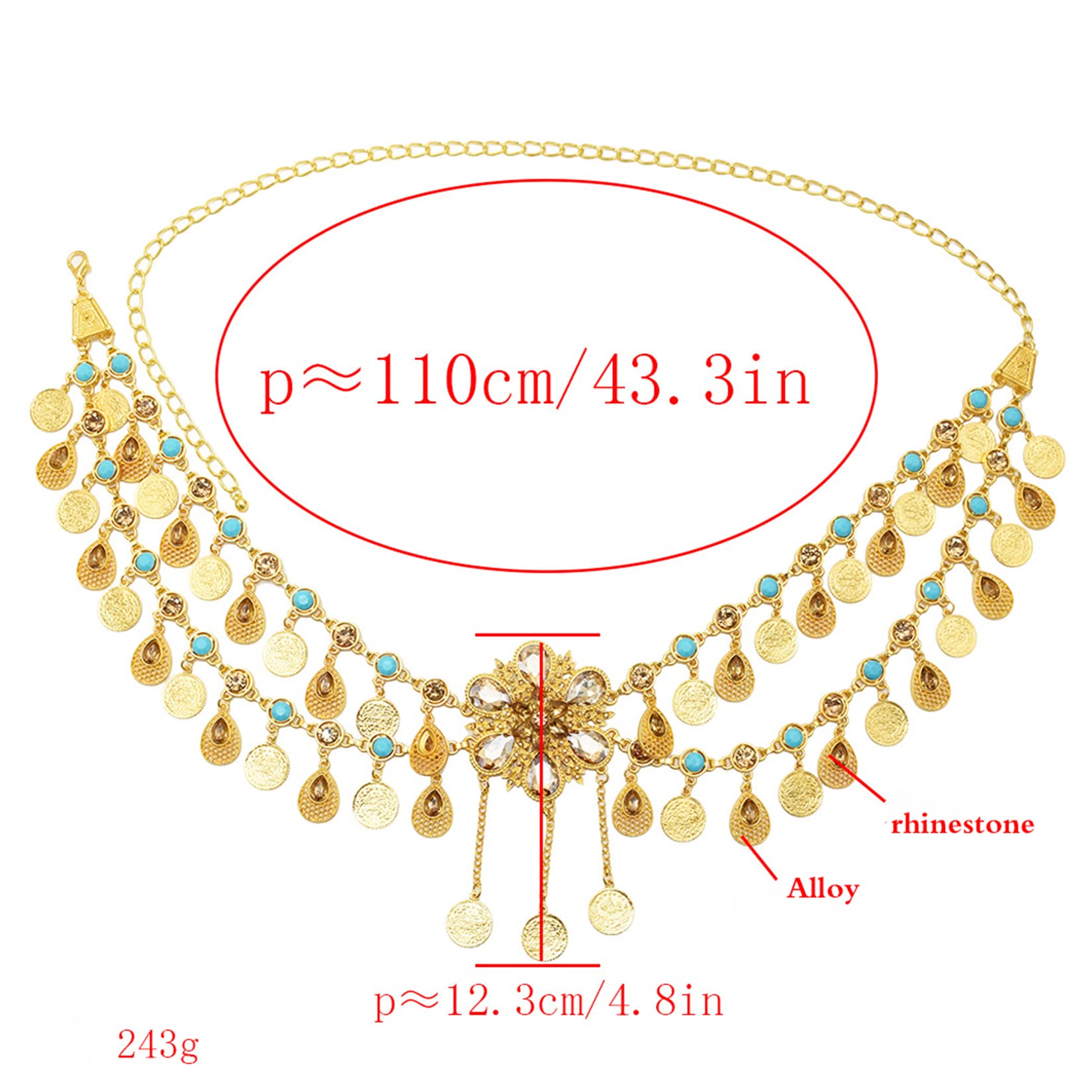 Qabinvoe 18K Gold Plated Diamond Coin Tassel Waist Chain - Belly Dance Body Jewelry, Beach Party Accessories for Women - Perfect for Festivals, Performances and Boho Style Outfits