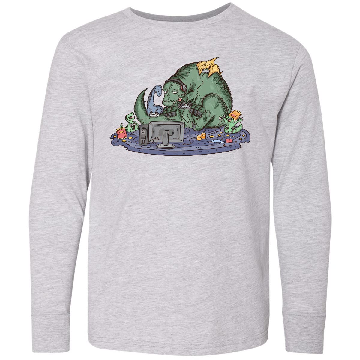 Inktastic Funny Gaming Dinosaurs Youth Long Sleeve T-Shirt | Cool Dino Gamer Tee for Kids | Perfect for Gaming Parties, School & Casual Wear