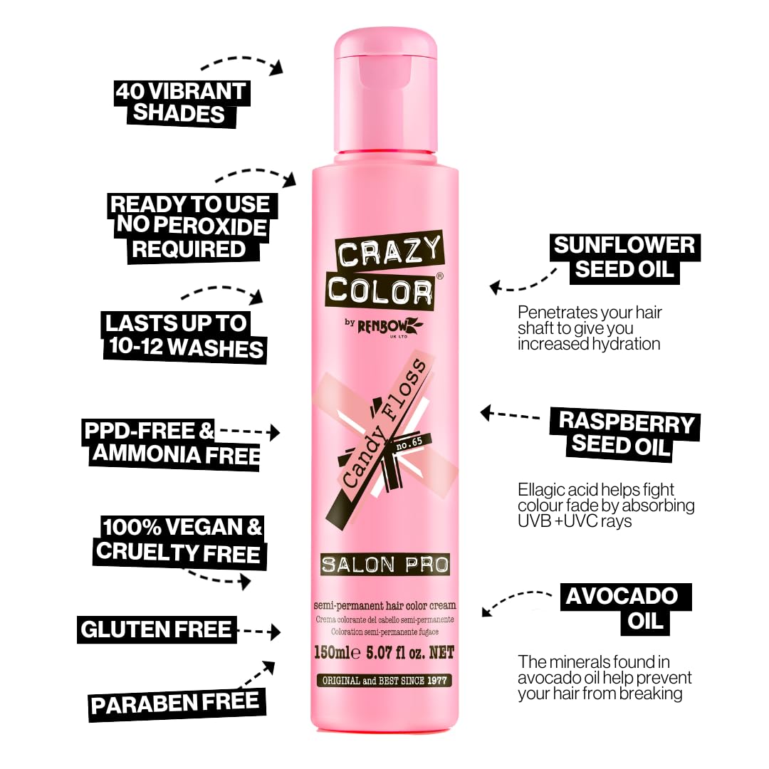 Crazy Color Salon Pro Semi-Permanent Hair Dye - 5.07 oz Candy Floss Pink for Women | Vibrant Long-Lasting Color | Perfect for Parties, Cosplay & Bold Fashion Looks