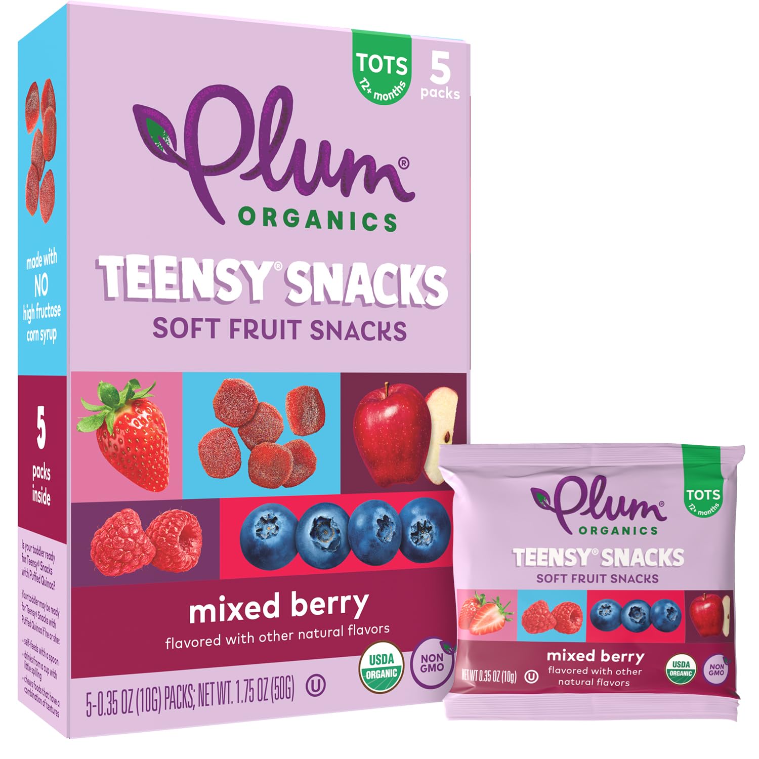 Organic Plum Teensy Snacks Soft Fruit Snacks - Mixed Berry Flavor - 5 Count (Pack of 8) - Healthy Toddler & Kids Snacks for School, Travel & On-the-Go