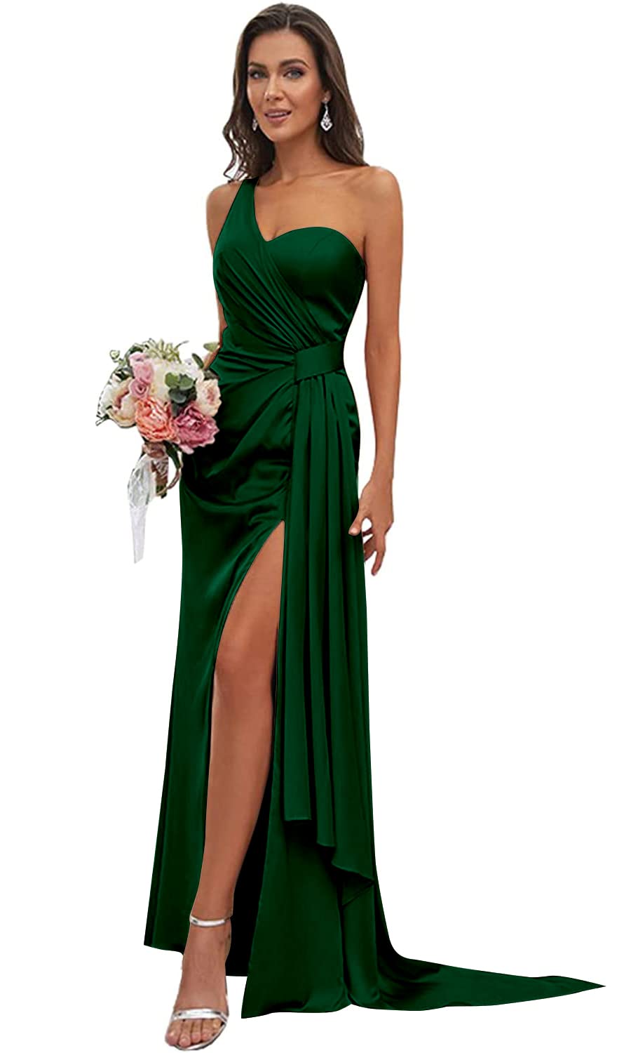 Elegant One Shoulder Mermaid Bridesmaid Dress - Satin Corset Formal Evening Gown with High Slit for Wedding, Prom, Cocktail Party & Special Occasions