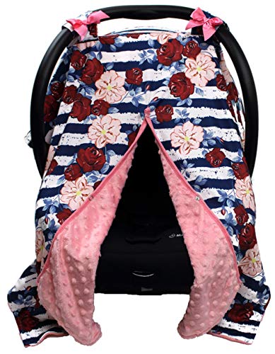 Dear Baby Gear Carseat Canopy - Red Roses & Blush Hibiscus Floral Design with Navy White Stripes on Coral Minky Fabric | Premium Infant Car Seat Cover for Girls & Boys | Perfect for Strollers, Shopping Trips & Outdoor Adventures