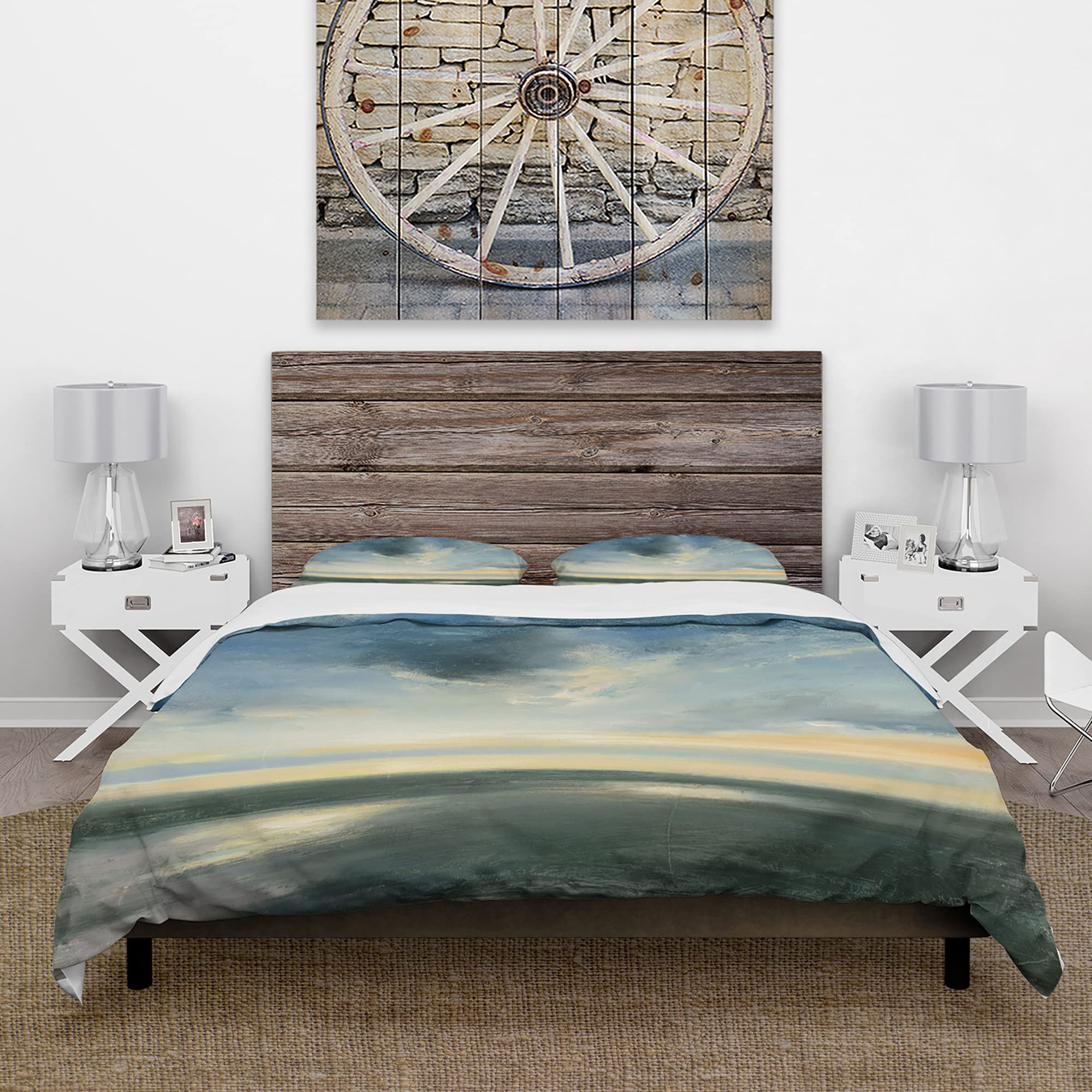 DesignQ Blue Coastal Sunrise Traditional Duvet Cover Set King Size - 3 Piece Landscape Bedding Set for All Seasons | Coastal Decor Bedroom Essentials for Master & Guest Rooms