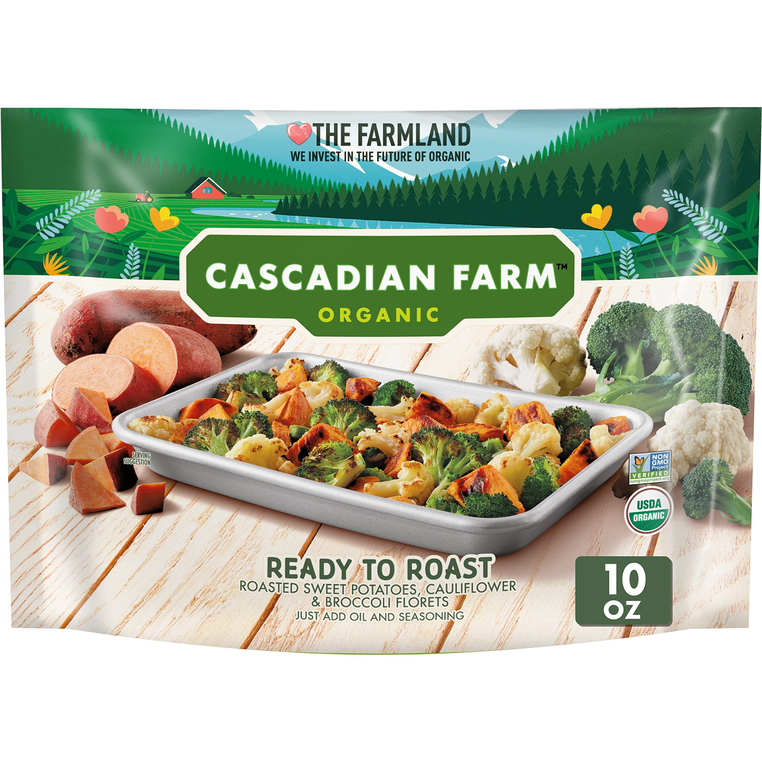 Organic Ready to Roast Vegetables Mix - Sweet Potatoes, Cauliflower & Broccoli | Cascadian Farm | 10 oz | Perfect for Healthy Meals, Meal Prep & Quick Side Dishes