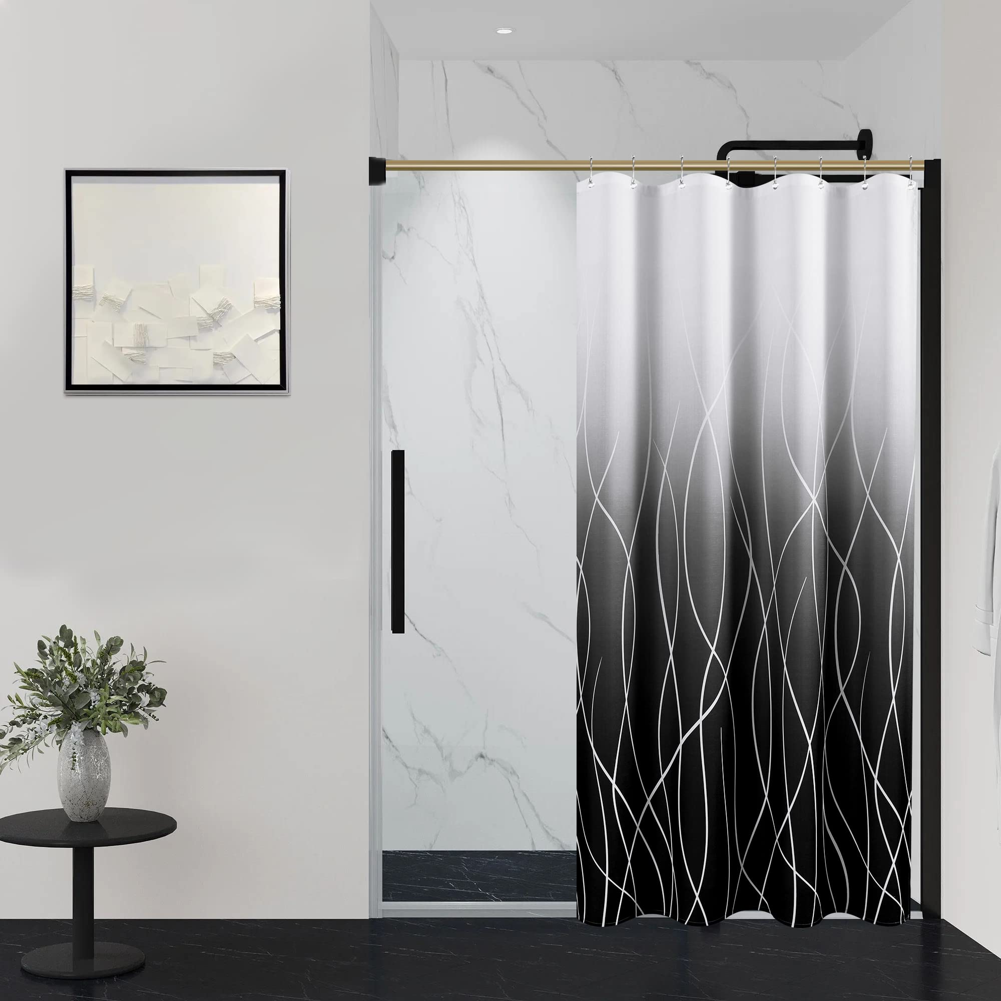 SMABU Ombre Striped Black Shower Curtain Set - Water Repellent Bathroom Curtain 54x72 Inches, Modern Minimalist Decor for Bath & Shower - Perfect for Home, Apartment, and Hotel Bathrooms