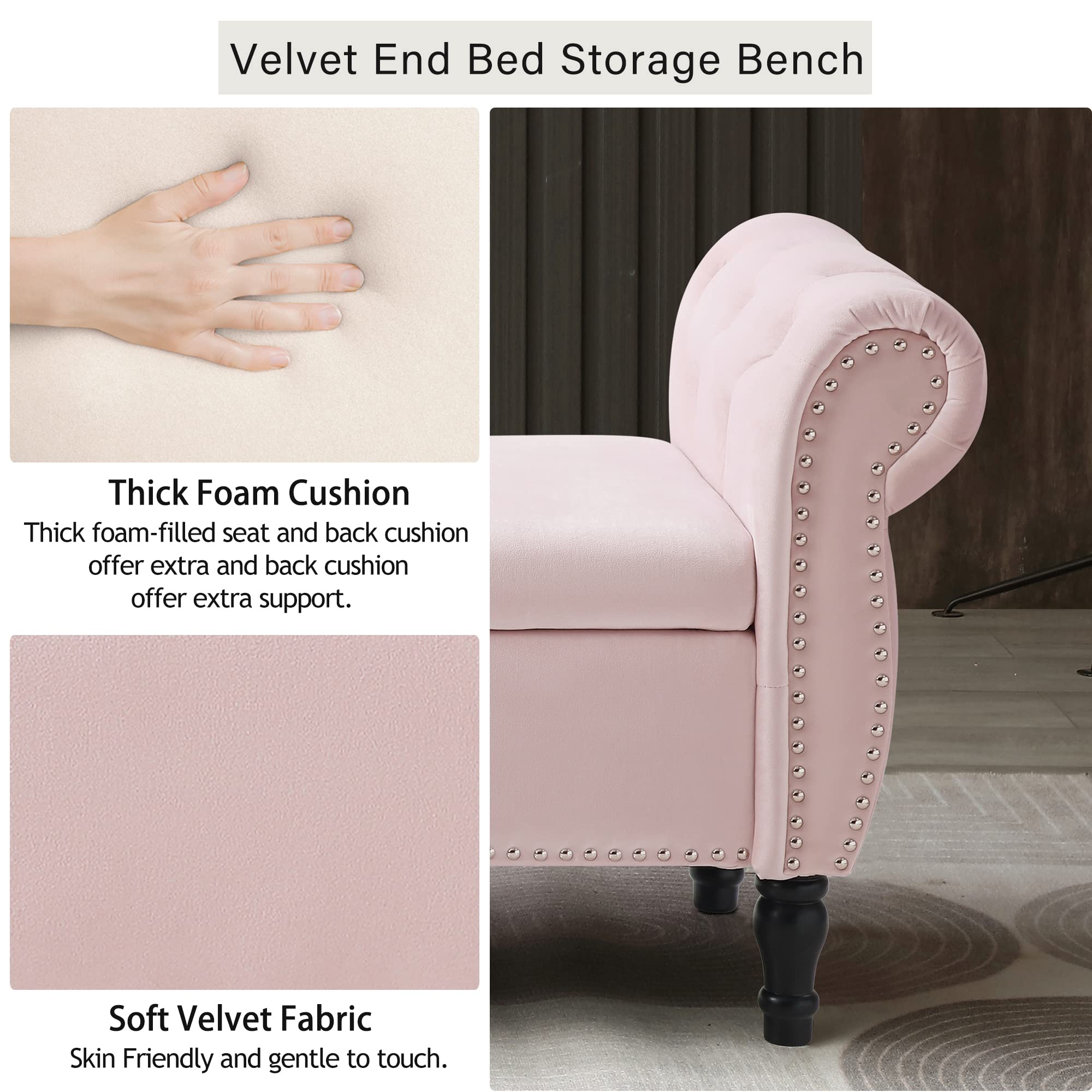 Homtique Velvet Storage Ottoman Bench - Large Tufted Bedroom Seat with Nailhead Trim, Multi-Functional Footstool & Hidden Storage for Living Room, Entryway (Pink) | Perfect for Small Space Organization & Extra Seating