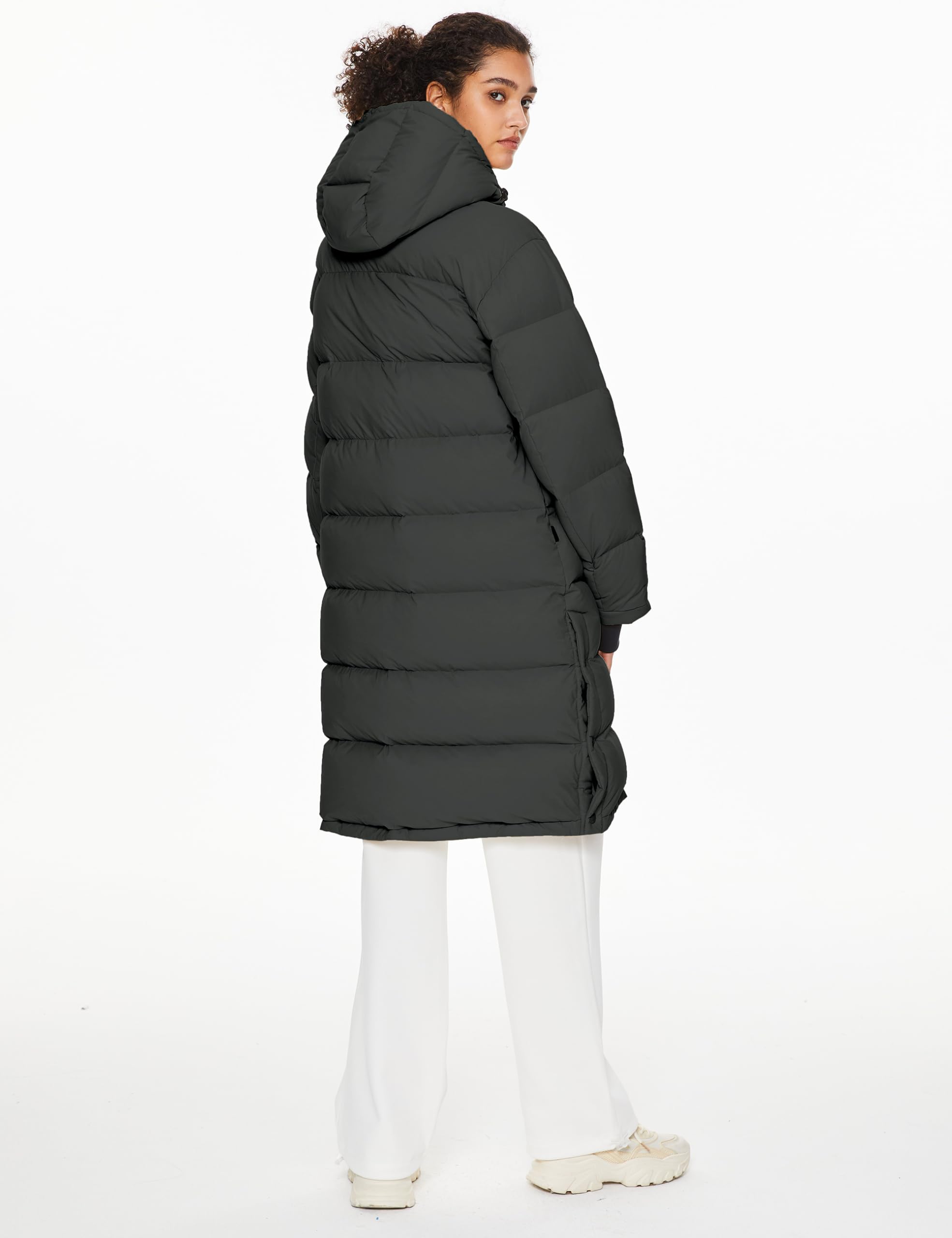 Orolay Women's Long Down Jacket with Detachable Hood - Winter Warm Puffer Coat with Hem Slit for Outdoor Activities, Travel & Cold Weather Protection