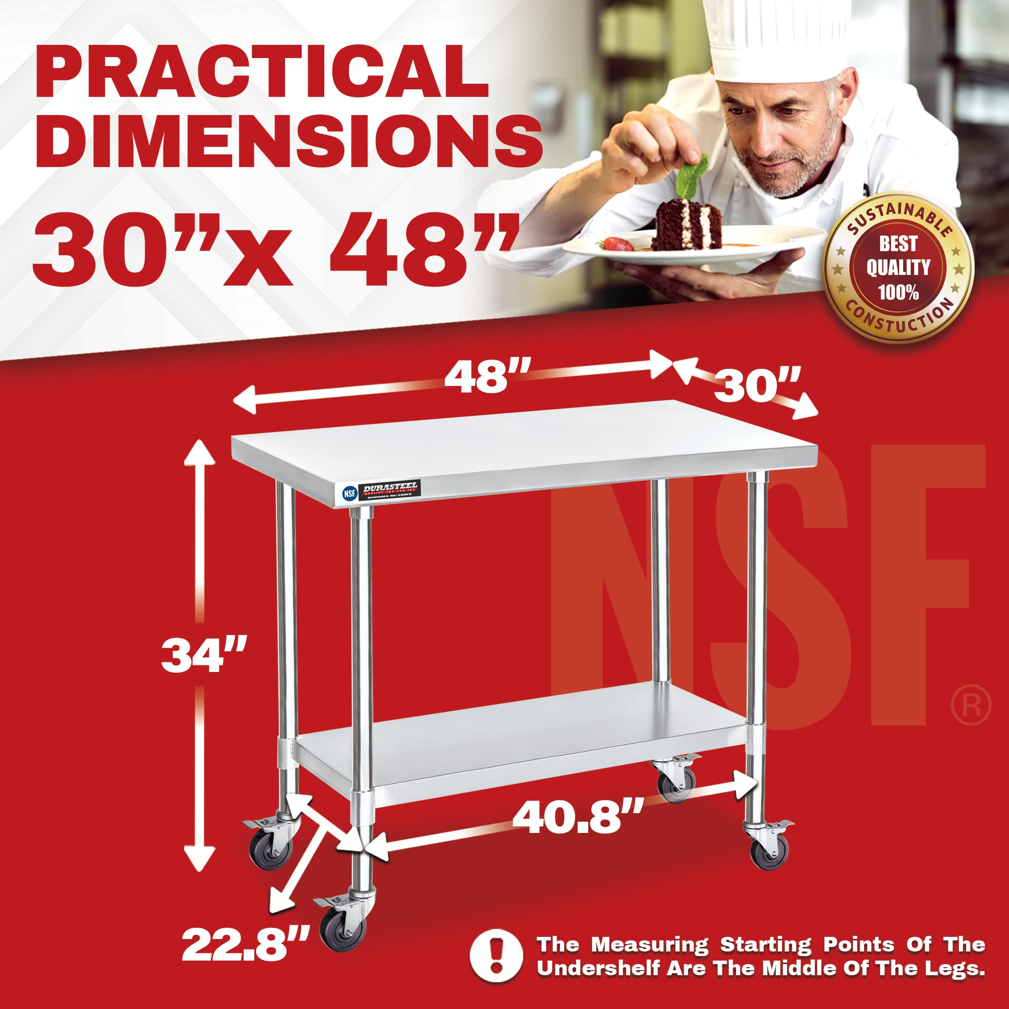 NSF Certified DuraSteel 30x48 Inch Stainless Steel Food Prep Table with Wheels - Heavy Duty Commercial Workbench for Restaurant Kitchen, Warehouse, Home & Garage Use - Perfect for Food Preparation, Workshop Projects & Storage Organization