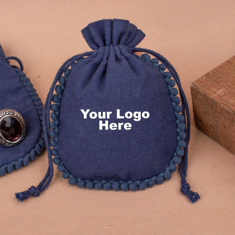100% Cotton Classic Navy Blue Designer Pouch with Fun Pom Poms - Handmade Clutch Bag for Women | Perfect for Travel, Parties & Everyday Use