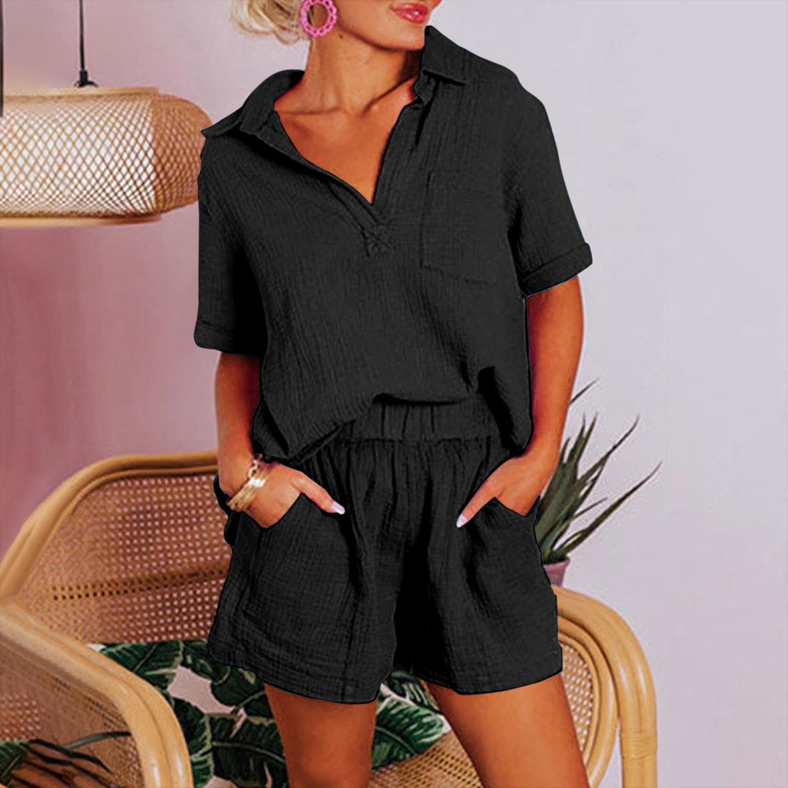 2 Piece Womens Summer Lounge Sets - Lapel Short Sleeve Loose Tops & Shorts with Multi-Pockets | Casual Outfits for Home, Vacation & Running Errands