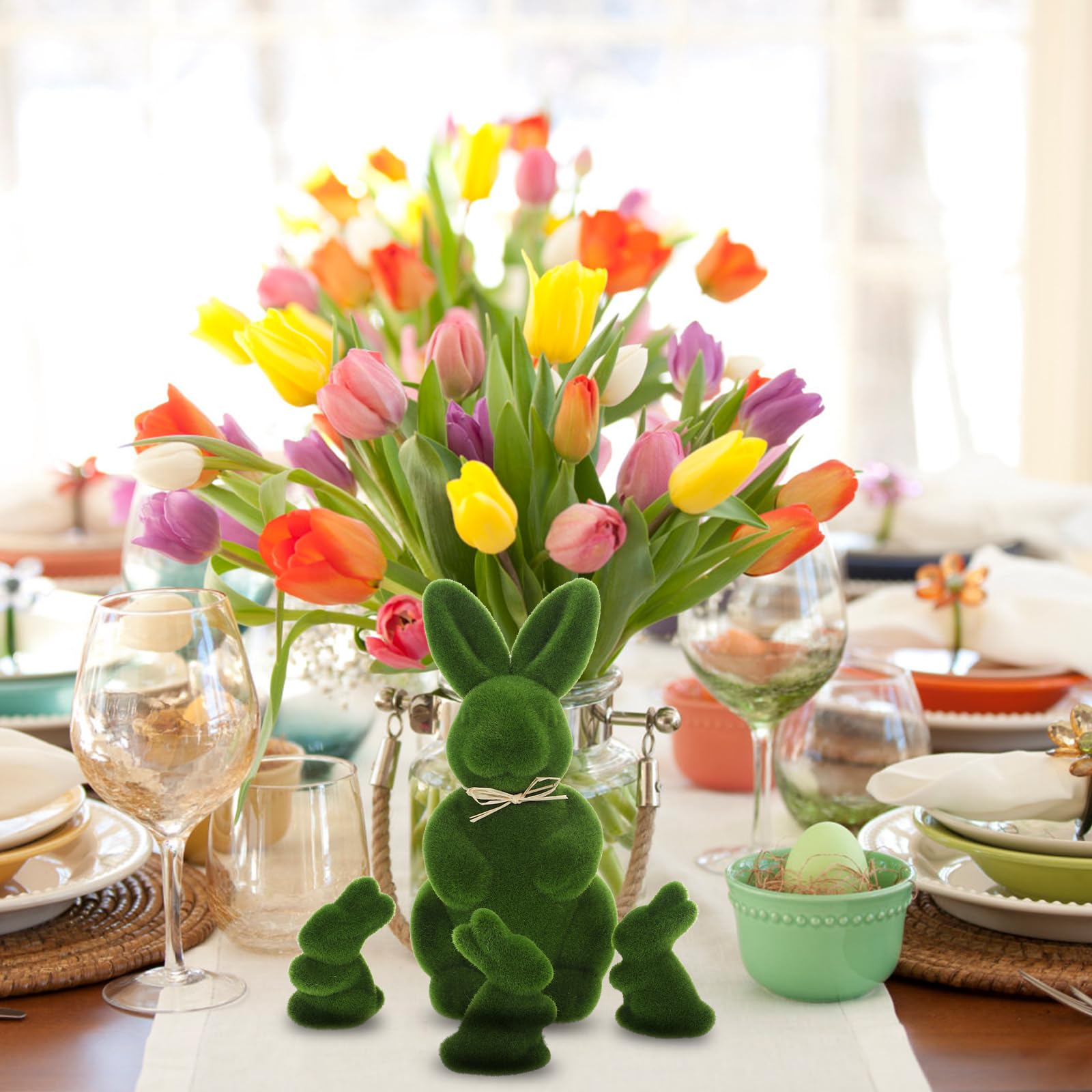 4pcs Flocked Bunny Rabbit Figurines - Easter Artificial Turf Grass Decorations for Yard, Garden & Home - Cute Easter Party Favors & Spring Decor
