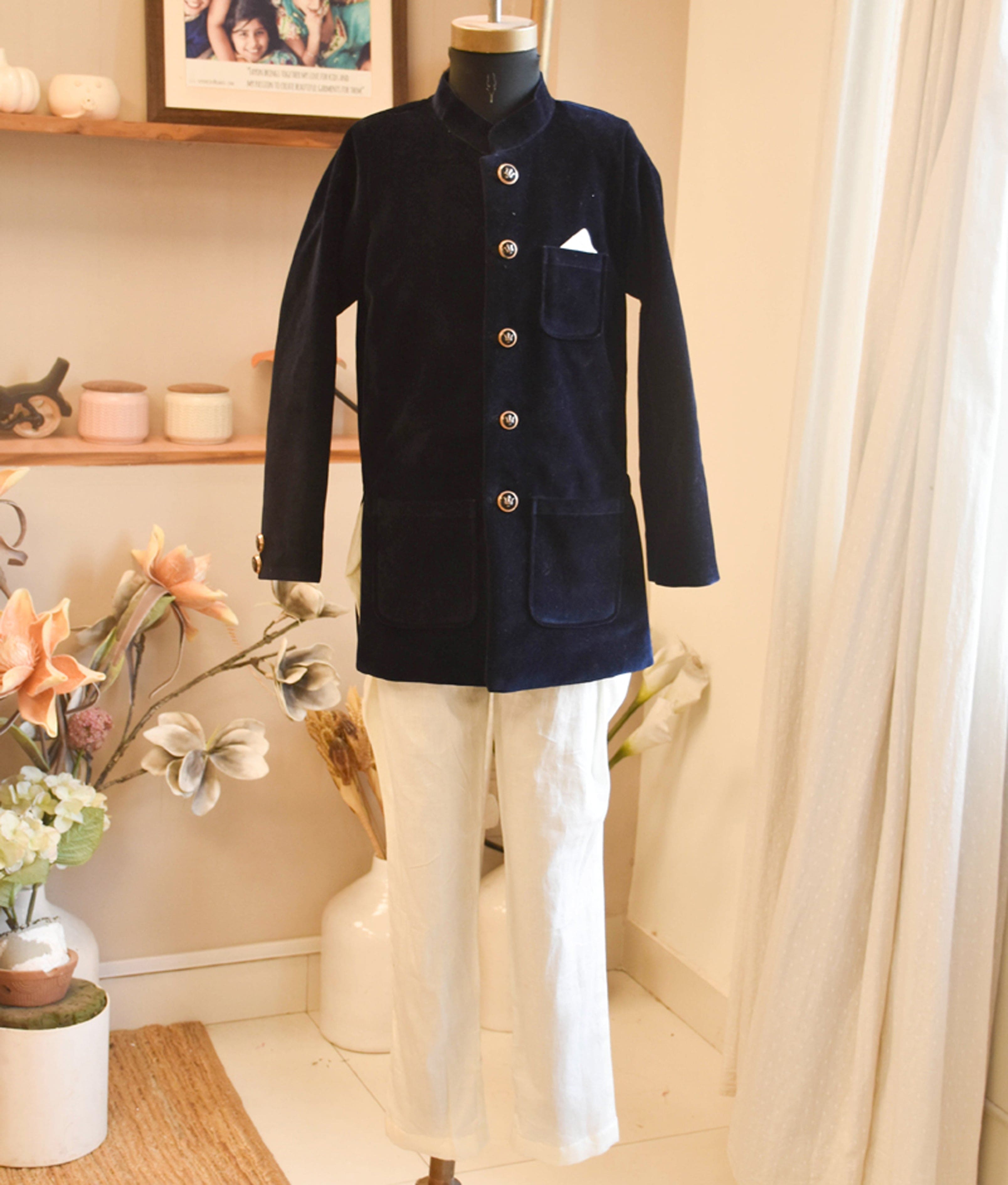 Blue Velvet Bandhgala with Chudidar Set for Boys | Indian Ethnic Wear for Weddings & Festivals | Kids Traditional Outfit for Special Occasions
