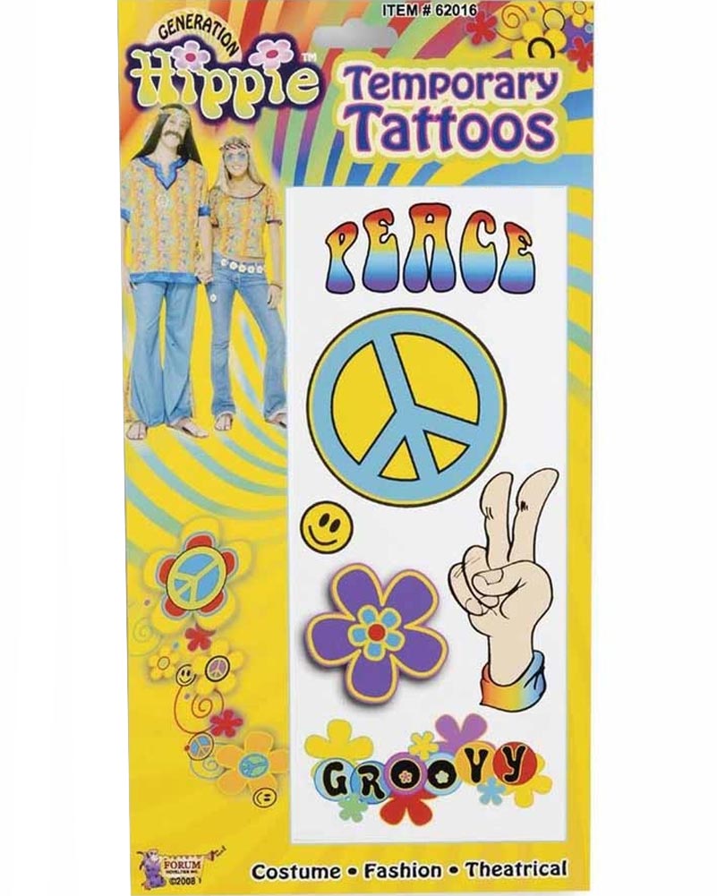 60s Hippie Temporary Tattoos Pack of 6 - Retro Flower & Peace Sign Designs for Music Festivals & Costume Parties