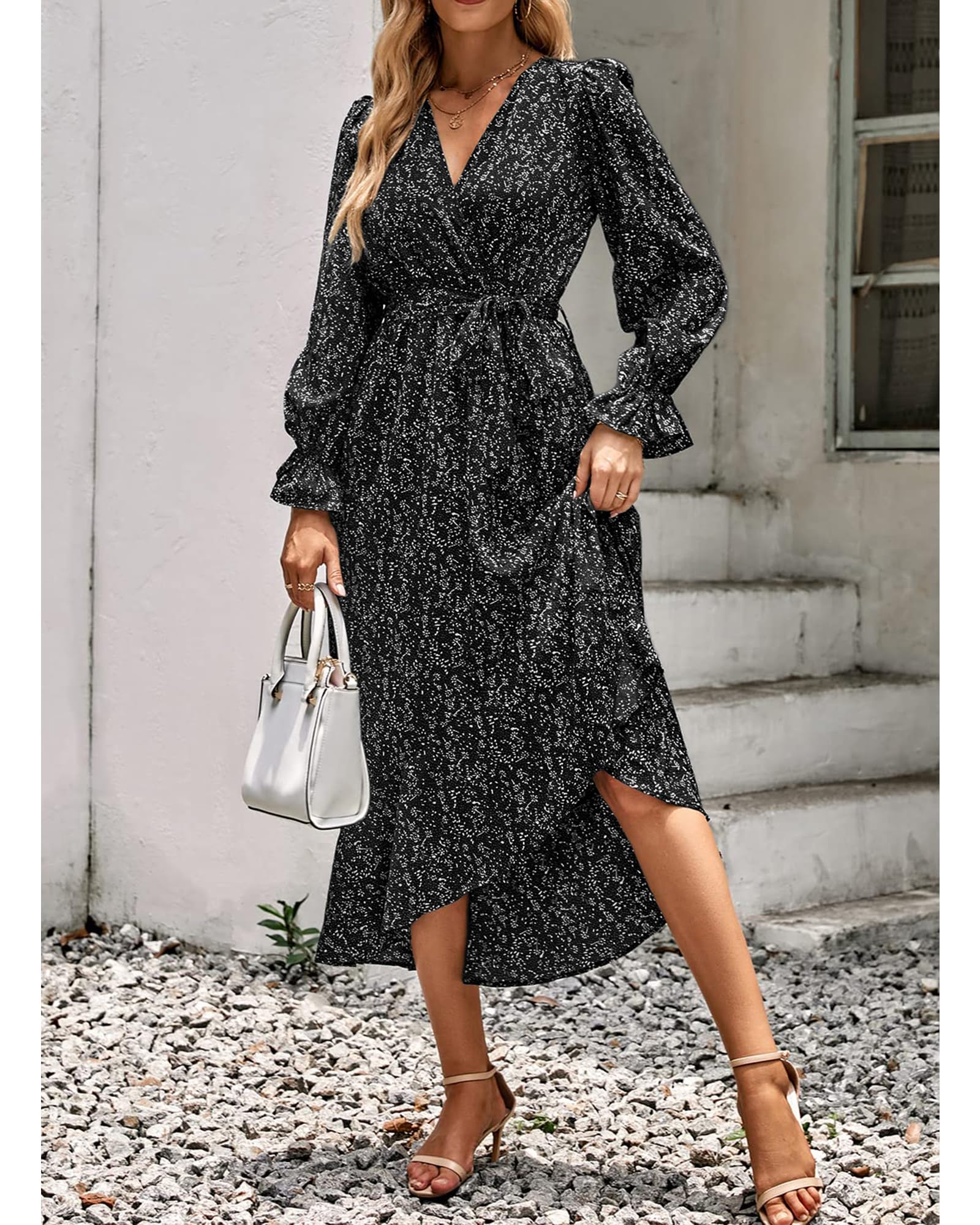 BTFBM Women's Floral V-Neck Long Sleeve Boho Dress - High Waist Ruffle Summer Wedding Guest Dress for Spring & Summer 2025 | Perfect for Garden Parties, Bridal Showers & Casual Events