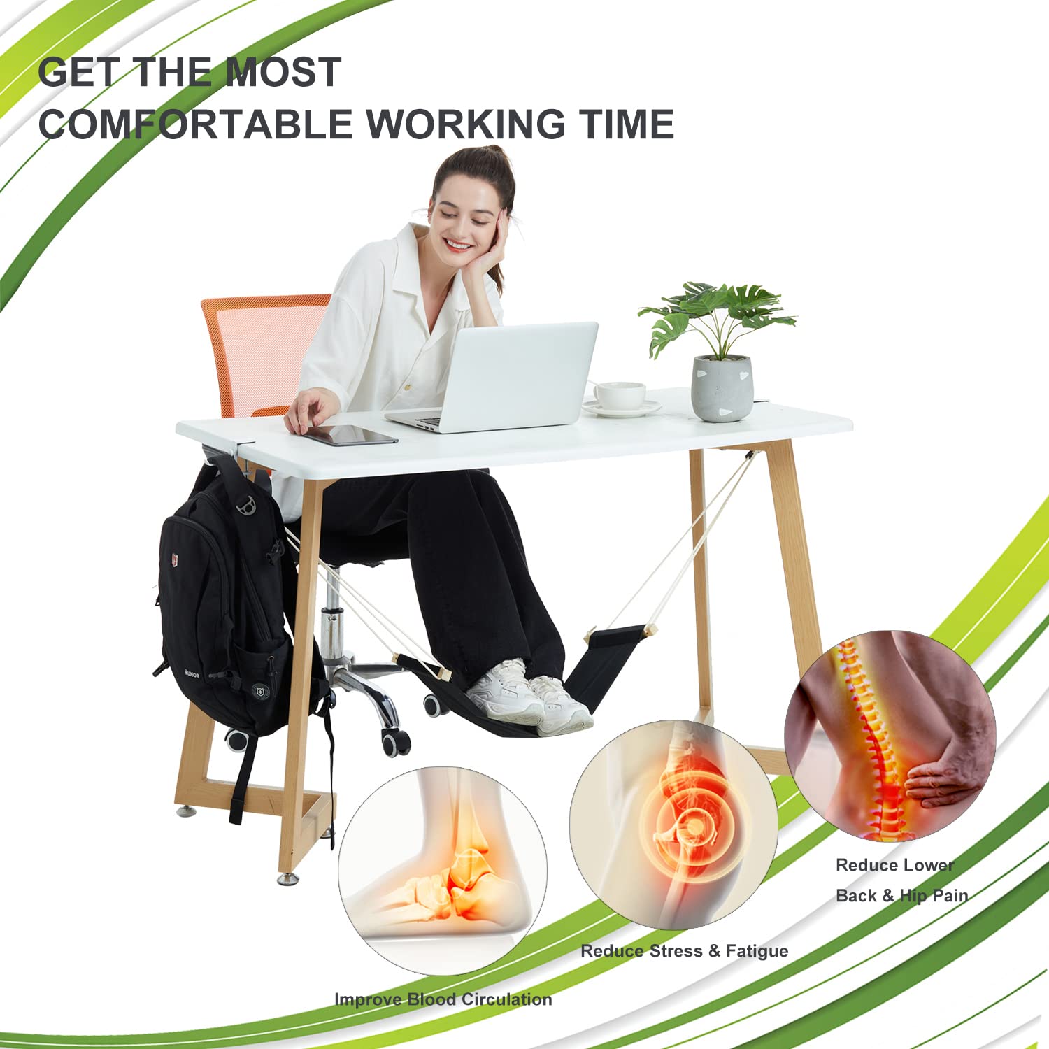 Auoinge Adjustable Under Desk Foot Rest - Portable Office Foot Hammock with Headphone Holder - Ergonomic Foot Support for Work & Travel (Black) - Perfect for Home Office, Airplane & Car Use