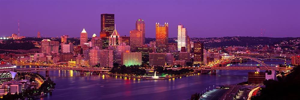 Peel and Stick City Skyline Wall Mural - Purple Dusk Pittsburgh Skyline Decal (60x20 Inches) | Removable Self-Adhesive Wallpaper for Home, Office & Nursery Decor