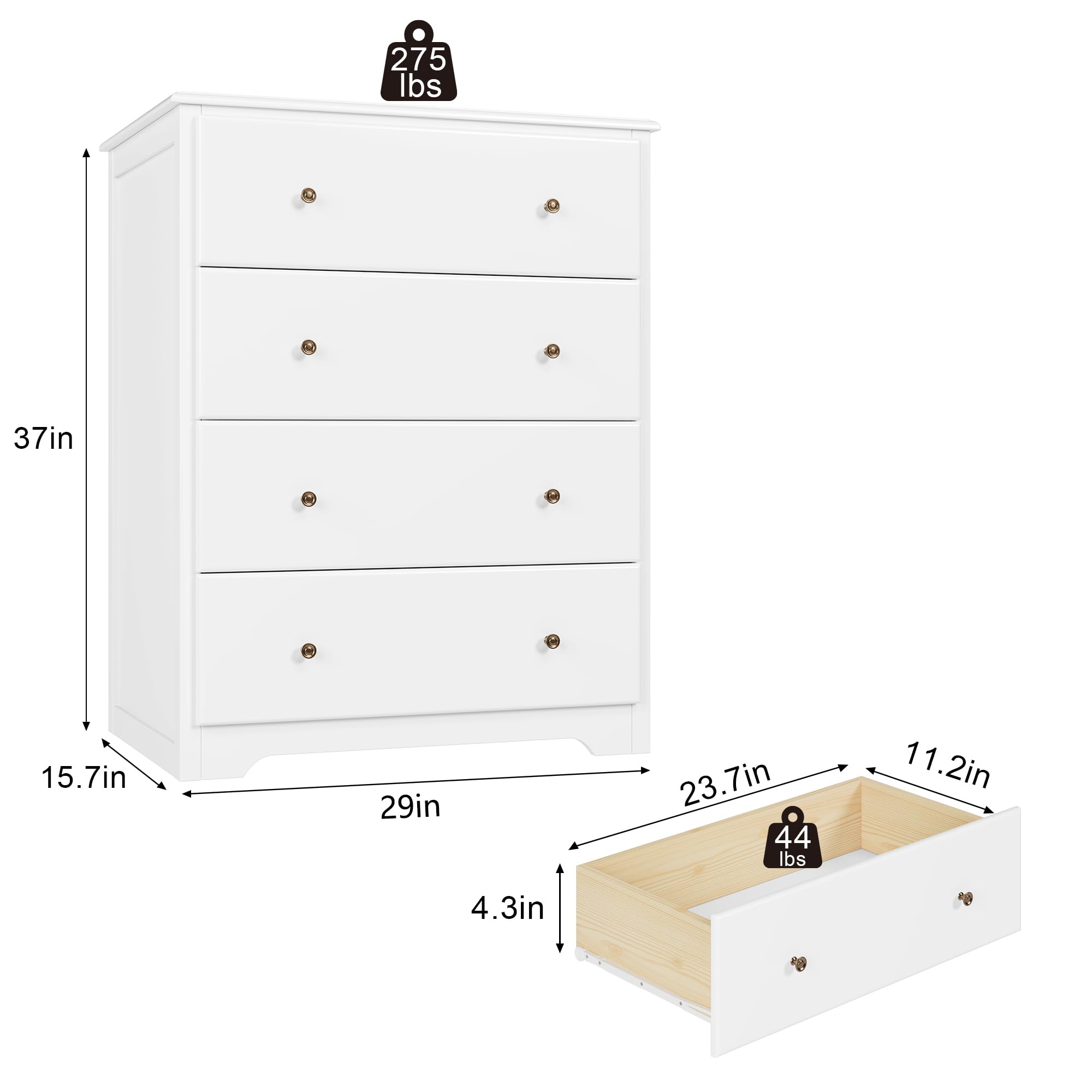 HOUSUIT White Dresser with 4 Drawers - Modern Tall Wooden Chest Storage Cabinet for Bedroom, Living Room, Hallway & Home Office - Ivory White Dresser Organizer for Clothes, Accessories & Home Decor