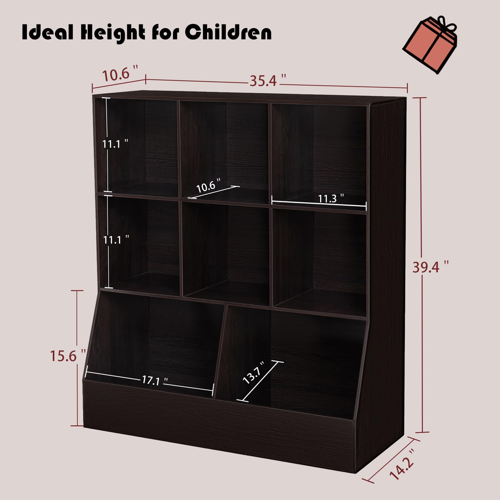 DINZI LVJ 8-Cubby Kids Wooden Toy Storage Organizer & Bookshelf - Espresso Wood Storage Cabinet for Playroom, Bedroom, Nursery - 35.4