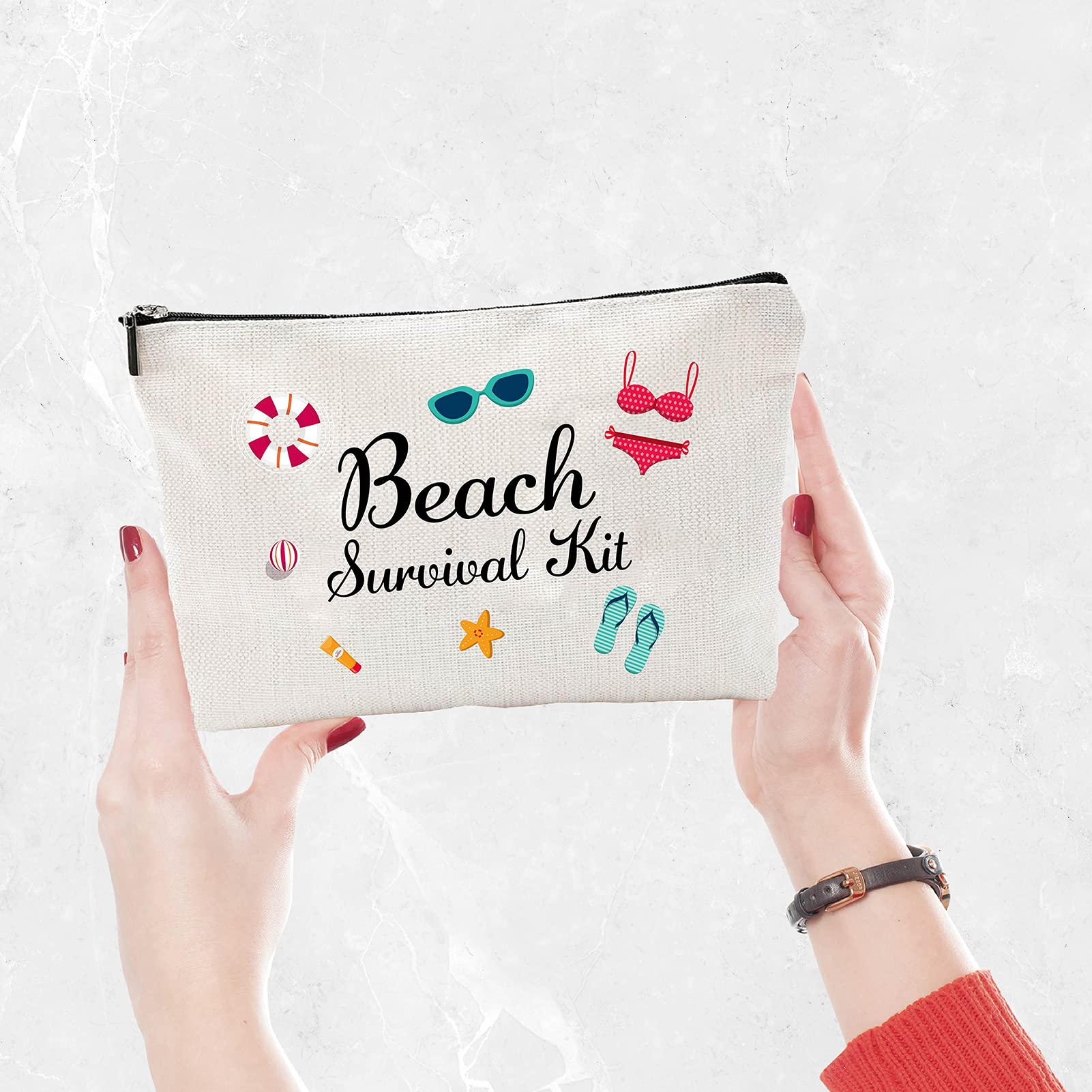 CREATCABIN Canvas Makeup Bag - Printed Cosmetic Organizer, Beach Survival Kit, DIY Craft Pouch with Zipper | Toiletry Bag for Women | Holds Keys, Headphones, Lipstick, Cards & Pens | 10x7 Inch | Perfect for Travel, Gym & Daily Essentials