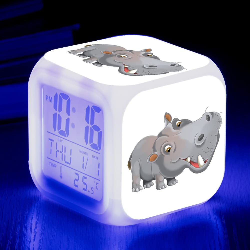 BWJSVOK Anime Square Alarm Clock - Color Changing Hippo Design, Silent Electronic LED Alarm Clock with Luminous Display | Perfect for Kids Rooms, Bedside, Dorm & Gift Giving