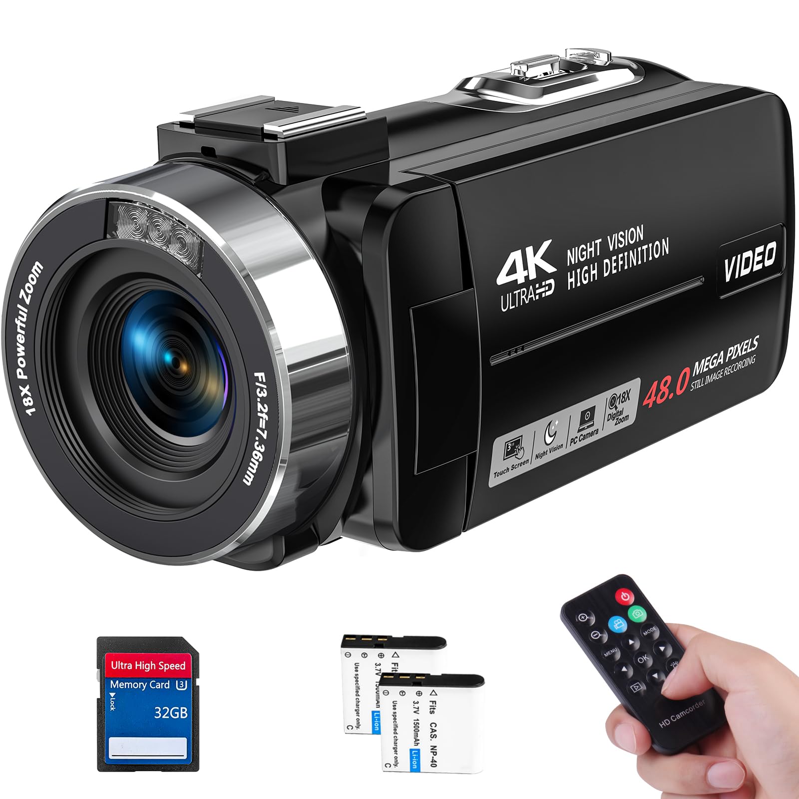 4K Ultra HD 48MP Camcorder with IR Night Vision & 18X Digital Zoom - 3