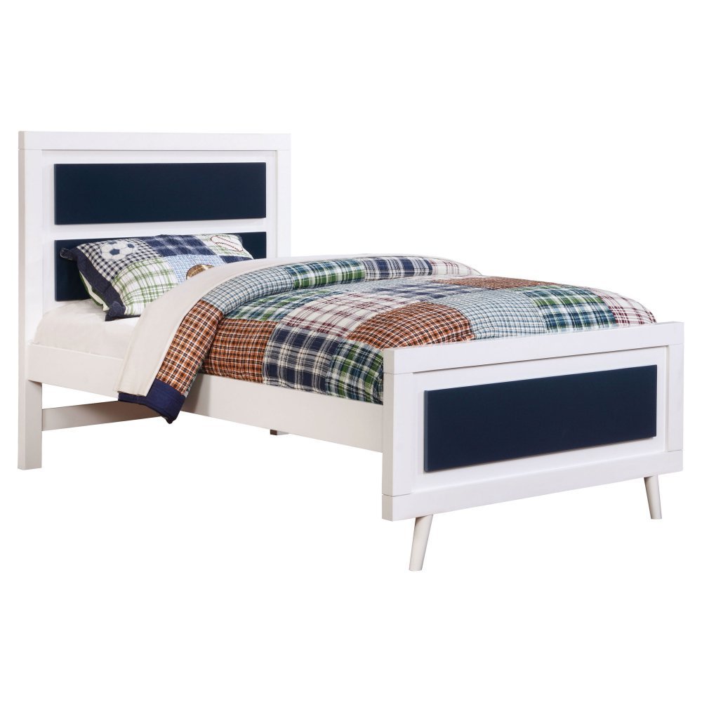 Caprica Contemporary Twin Size Bed - Modern Blue & White Upholstered Platform Bed Frame for Small Spaces | Perfect for Kids Rooms, Guest Bedrooms & Studio Apartments