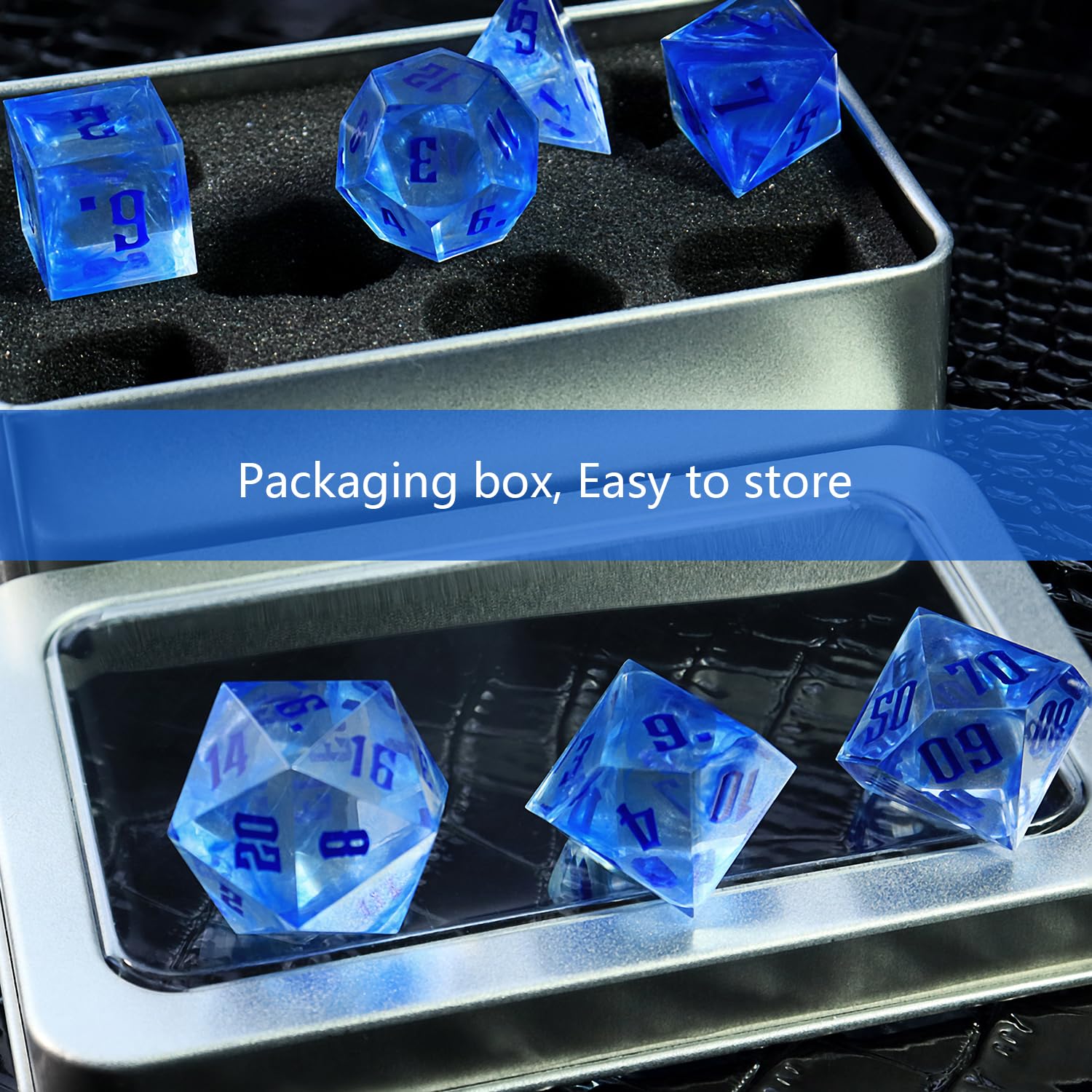 Dungeons & Dragons (D&D) RPG Liquid Polyhedral Dice Set - Complete 7-Piece with D4, D6, D8, D10, D12, D20 and Model Box (Blue) - Perfect for Tabletop Gaming, Magic RPG, and D&D Campaigns