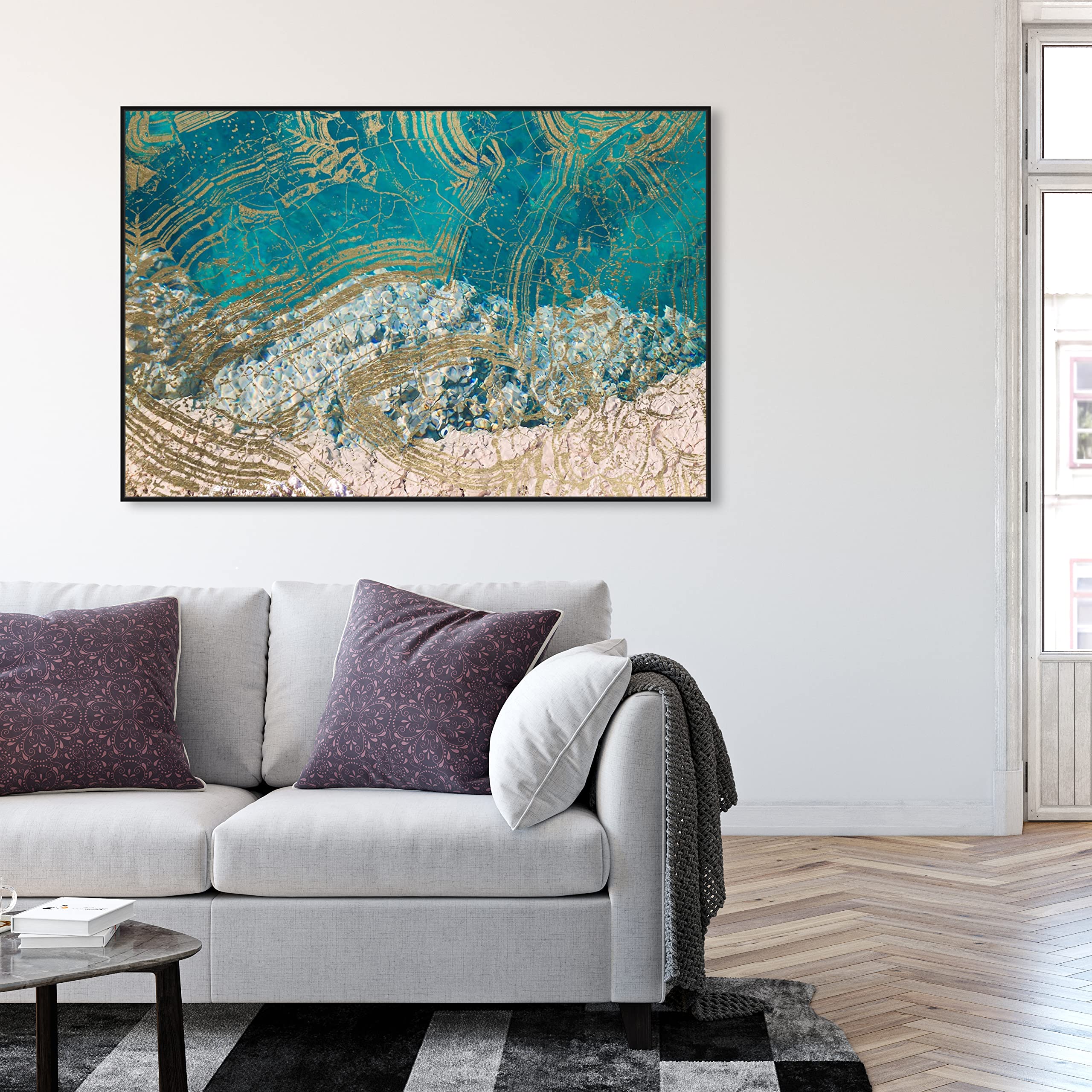 Abstract Wall Art Canvas Prints 'Salt Water' Textures - 54x36 Inches, Blue & Gold - Modern Coastal Decor for Living Room, Bedroom & Office
