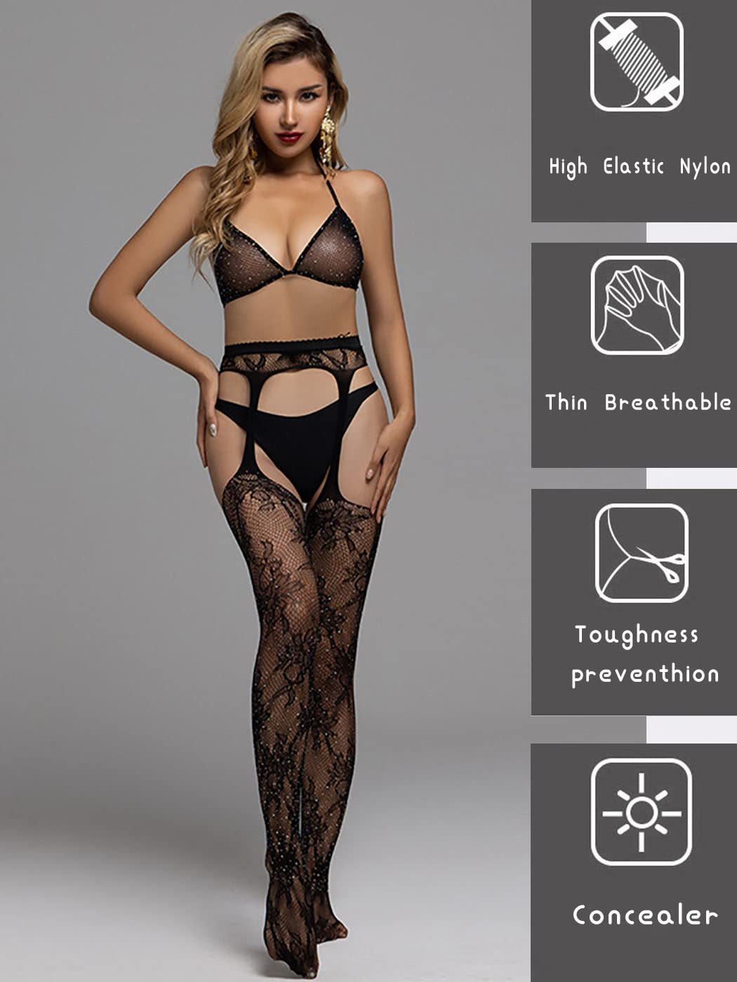 Sexy Sparkly Stockings for Women - Rhinestone Bling Black High Waist Tights with Glitter Crystal Details | Perfect for Nightclub, Party, Cosplay & Special Occasions