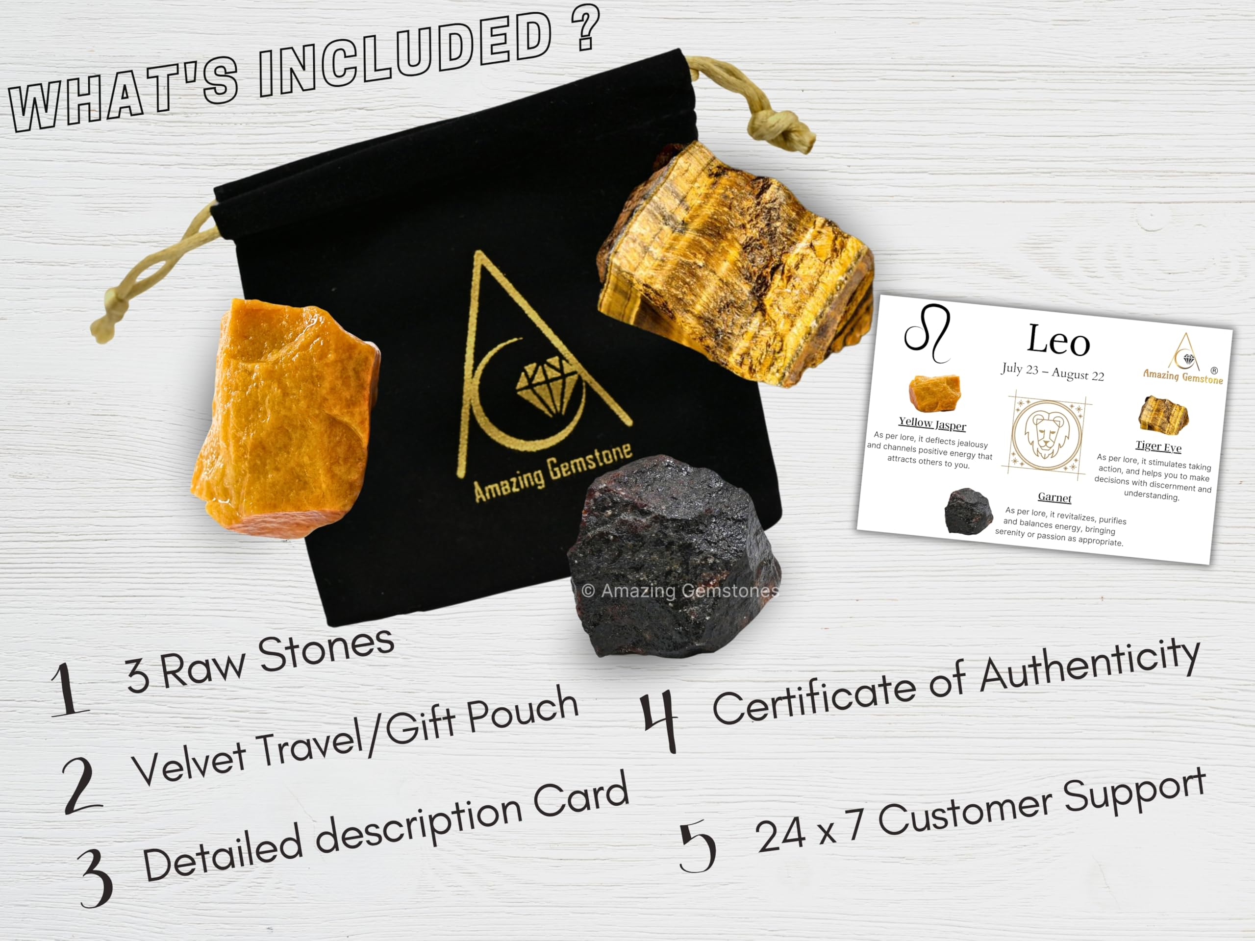 Leo Zodiac Healing Crystal Set - 3 Raw Stones for Astrology, Chakra Balancing & Energy Healing | Perfect Birthday, Anniversary Gift for Women, Men, Mother & Father | Includes Information Card | Meditation, Home Decor, Spiritual Practice