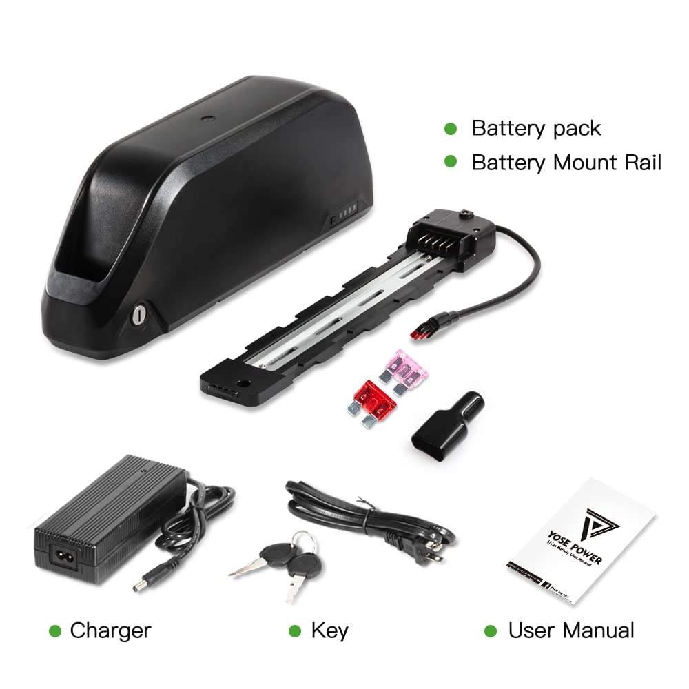 Yose Power Ebike Battery 36V 13Ah/17.4Ah, 48V 13Ah/20Ah, 52V 13Ah/15Ah Lithium-Ion Down Tube Battery for 200-1500W Electric Bicycle Motor - Safe Lock, LED Indicator, Includes Base & Charger - Perfect for Commuting, Mountain Biking & Long-Distance Rides