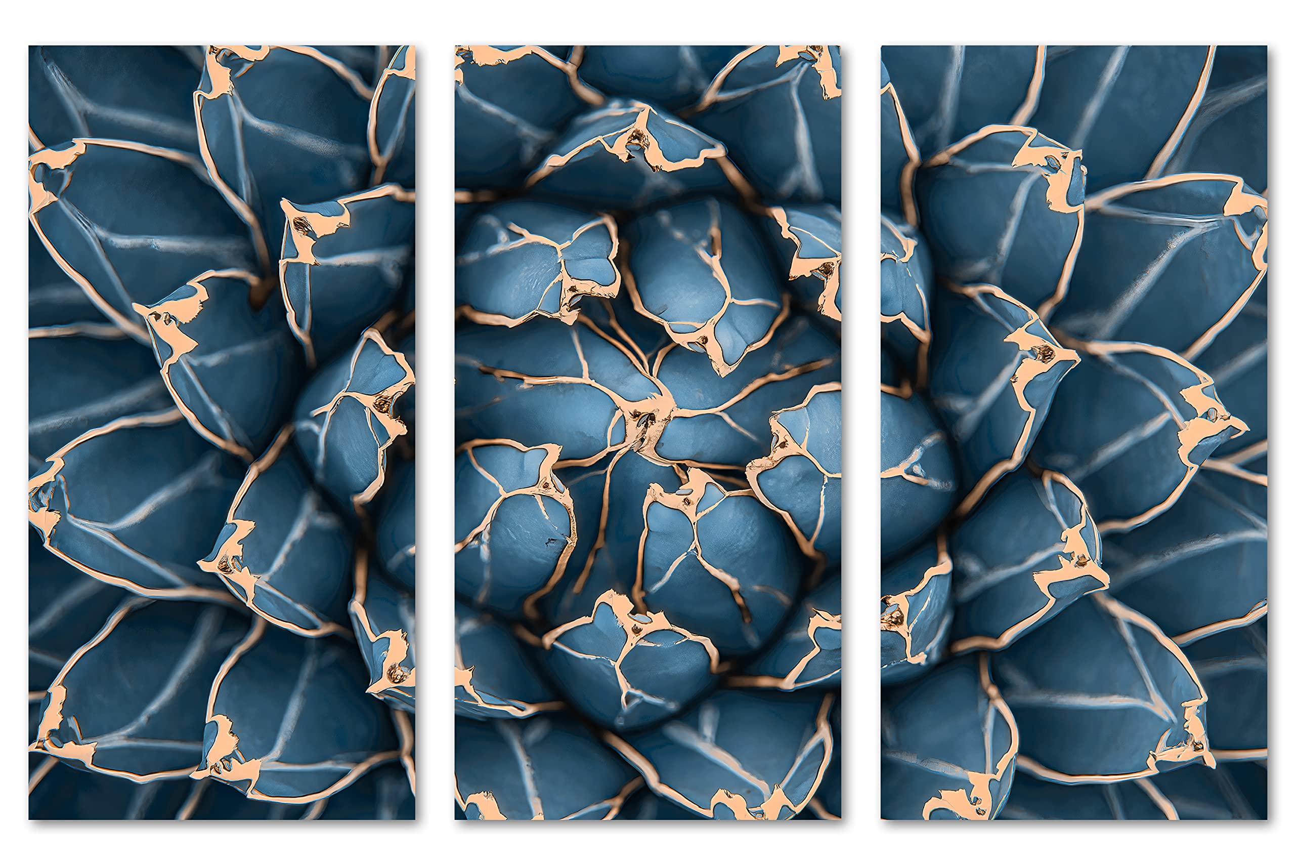 30x20 Agave Cactus Canvas Print Wall Art - 3 Panel Split Botanical Flower Painting in Steel Blue | Perfect for Living Room, Bedroom & Office Decor