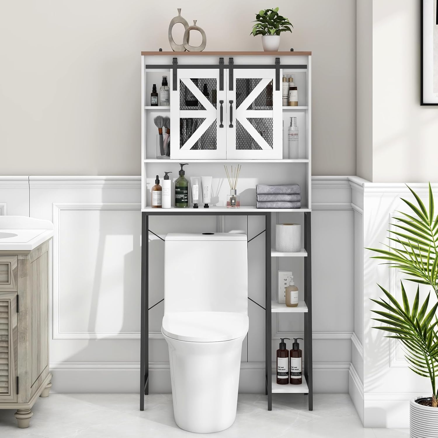 Farmhouse Over The Toilet Storage Cabinet with 2 Sliding Barn Doors - White Bathroom Space Saver for Toilet Paper, Towels & Essentials - Perfect for Small Bathrooms, Restrooms & Laundry Rooms
