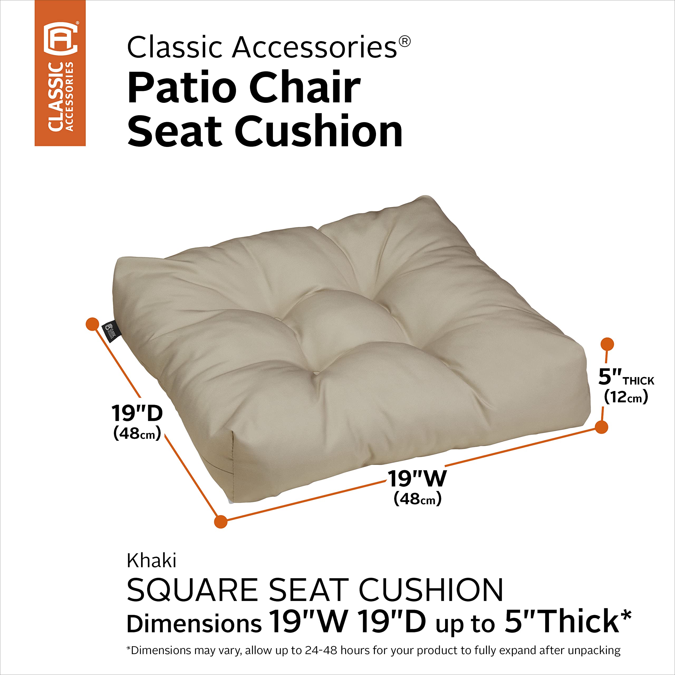 Waterproof 19x19x5 Inch Square Patio Seat Cushions - 2 Pack Khaki Outdoor Furniture Cushions for Garden, Deck, Poolside & Patio Lounge Chairs - Classic Accessories