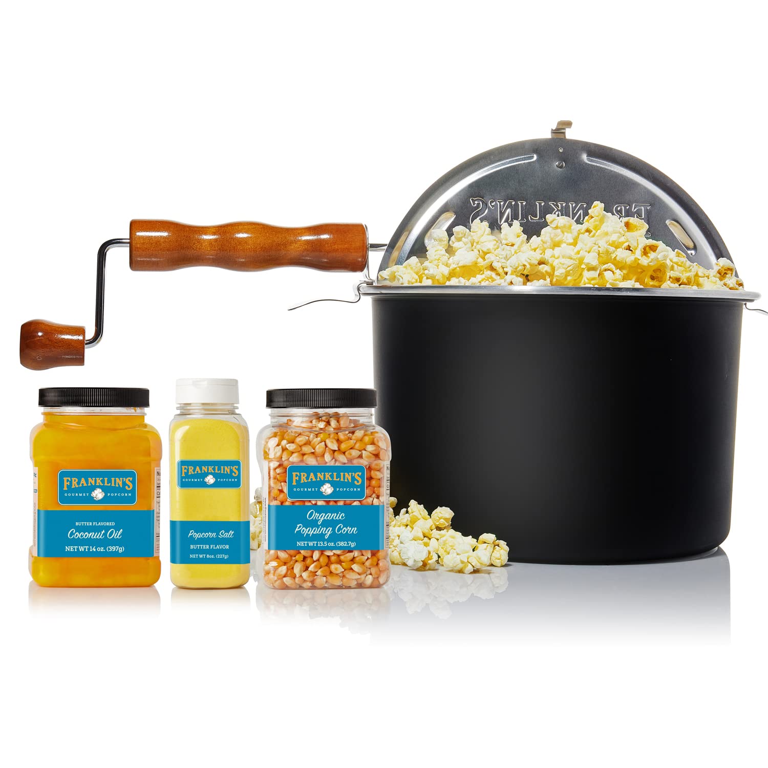 **Franklin's Gourmet Popcorn Kit - Stovepop Popcorn Maker with 13.5 oz Organic Popcorn Kernels, 8 oz Butter Flavored Salt & 14 oz Butter Flavored Coconut Oil - Perfect for Movie Nights, Parties & Family Snacking**
