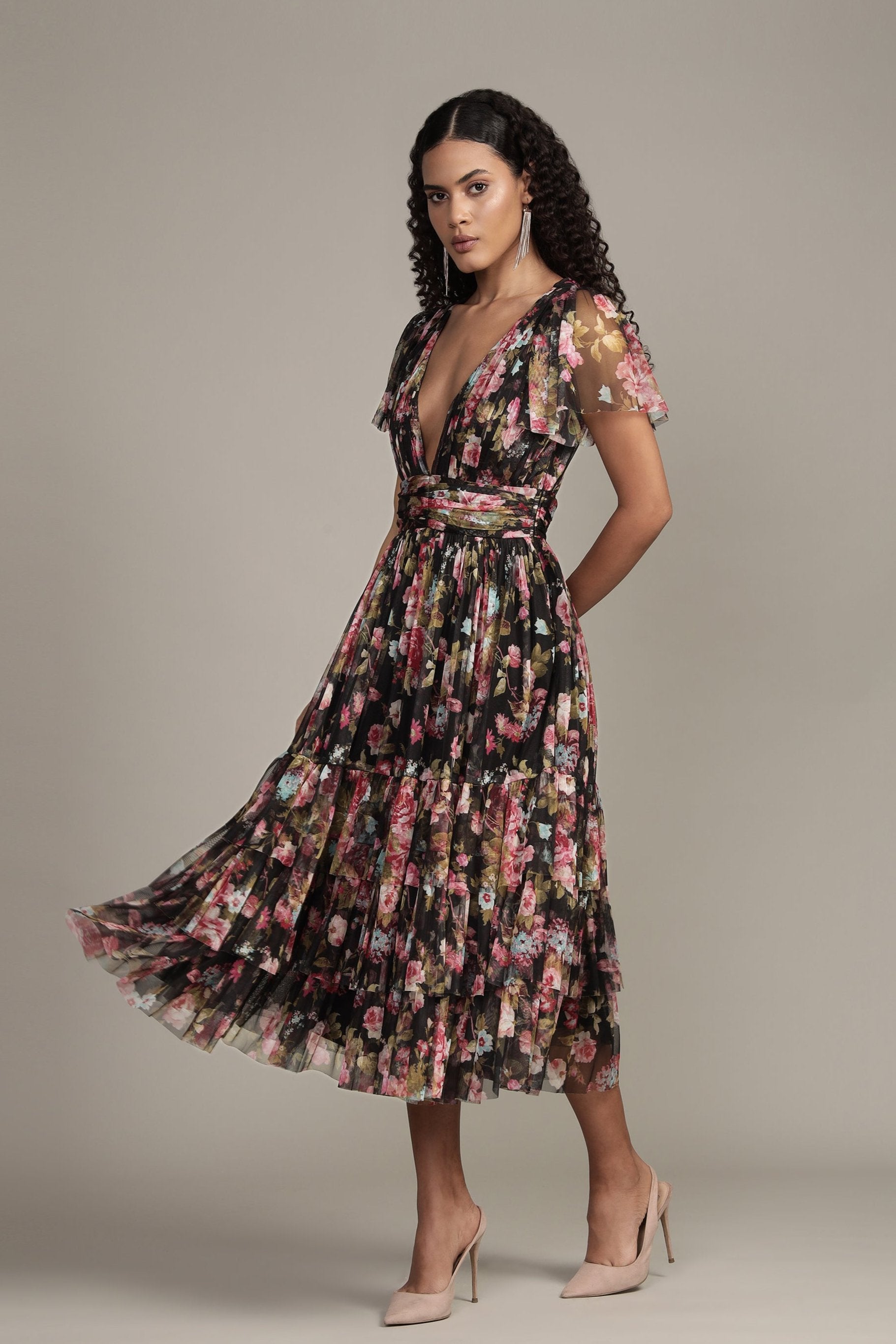 Madison Black Floral Tulle Midi Dress for Women - Elegant A-Line Party Dress for Weddings, Cocktail Parties & Special Occasions