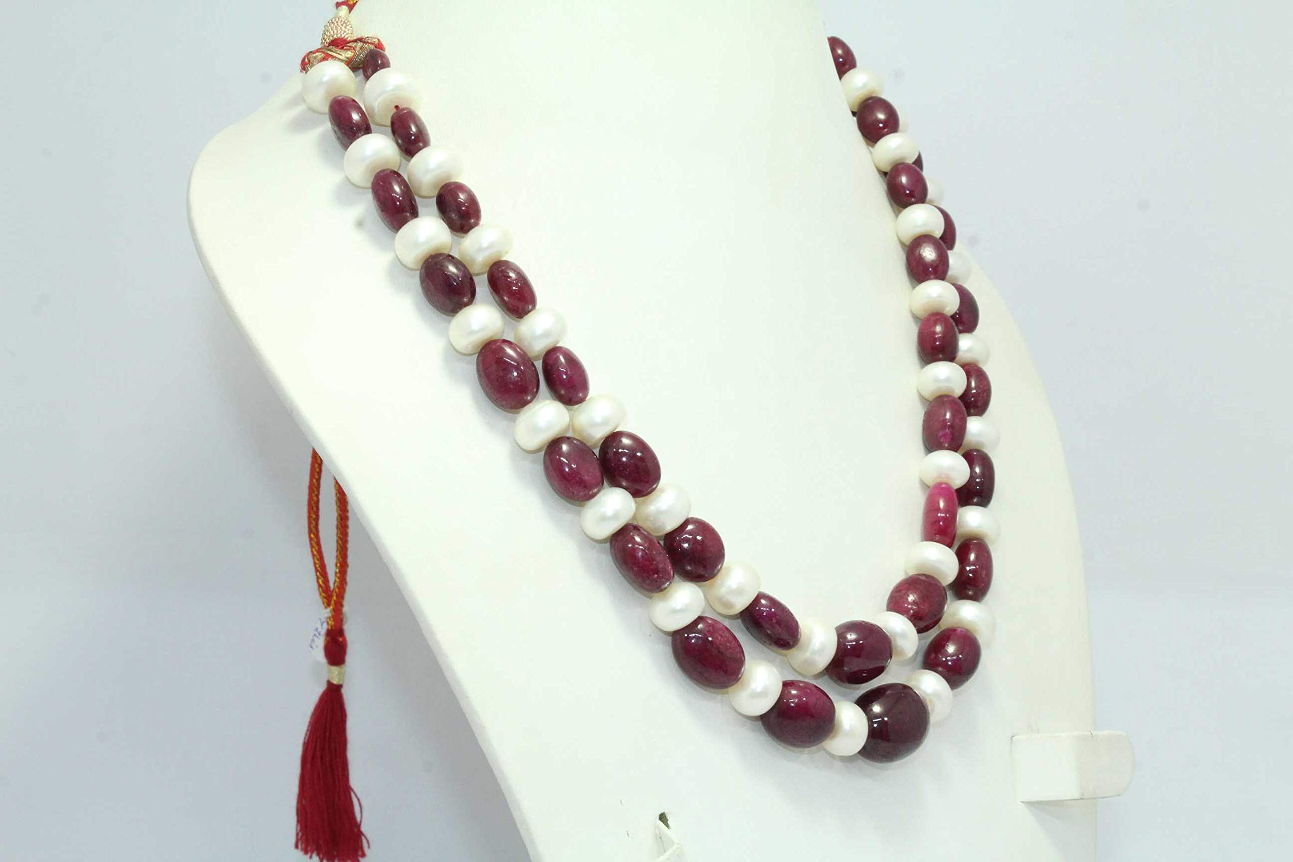 2 Strand Red Ruby Beads & White Pearls Necklace for Women - Elegant Jewelry Gift for Wedding, Party & Special Occasions