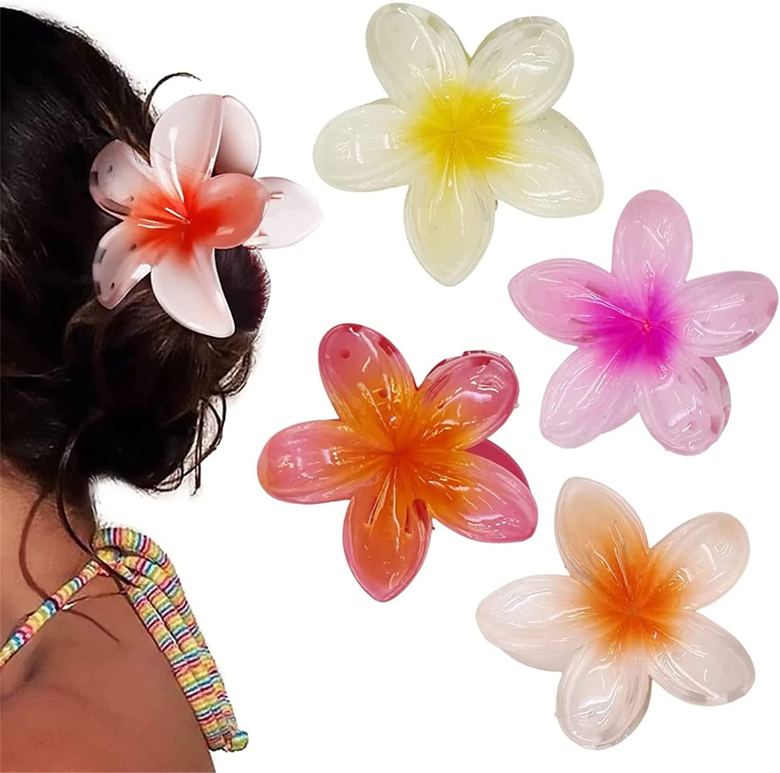 Hawaiian Frangipani Flower Hair Clips - Cute Non-Slip Beach Hair Accessories for Women, Bohemian Plastic Floral Hair Clips for Wedding, Party & Vacation - Perfect for Beach Outfits, Summer Styles and Boho Fashion