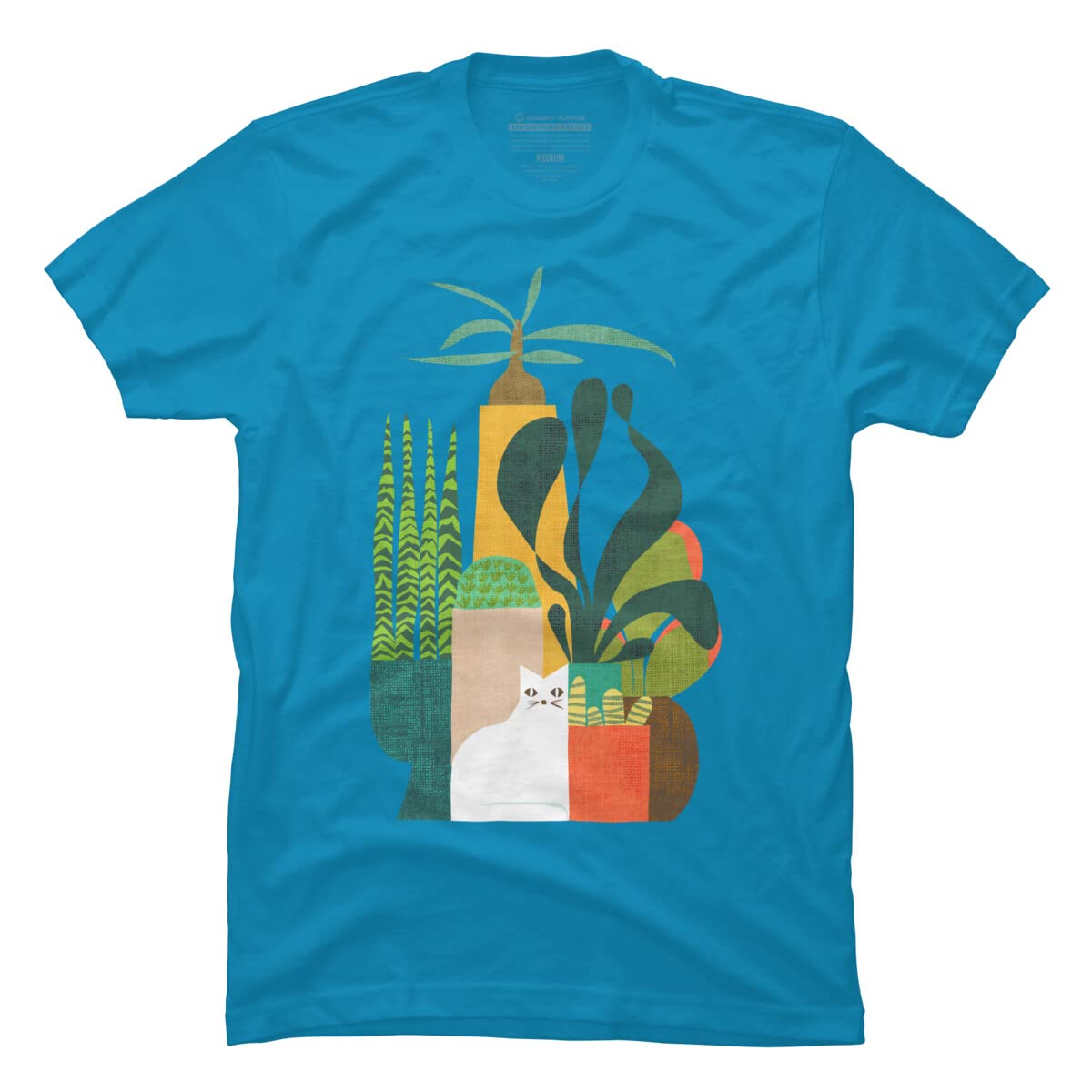 Design By Humans Men's Cat and Plants Graphic T-Shirt | Soft Cotton Tee for Casual Wear | Perfect for Cat Lovers & Nature Enthusiasts