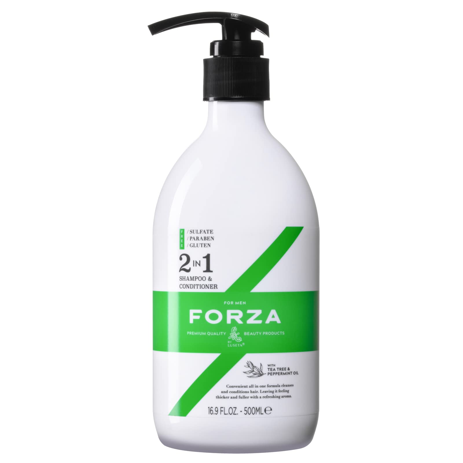 Forza 2 in 1 Shampoo and Conditioner for Men with Tea Tree & Peppermint Oil - Hydrating & Refreshing Hair Care, 16.9oz - Ideal for Daily Use, Gym, Travel & All Hair Types