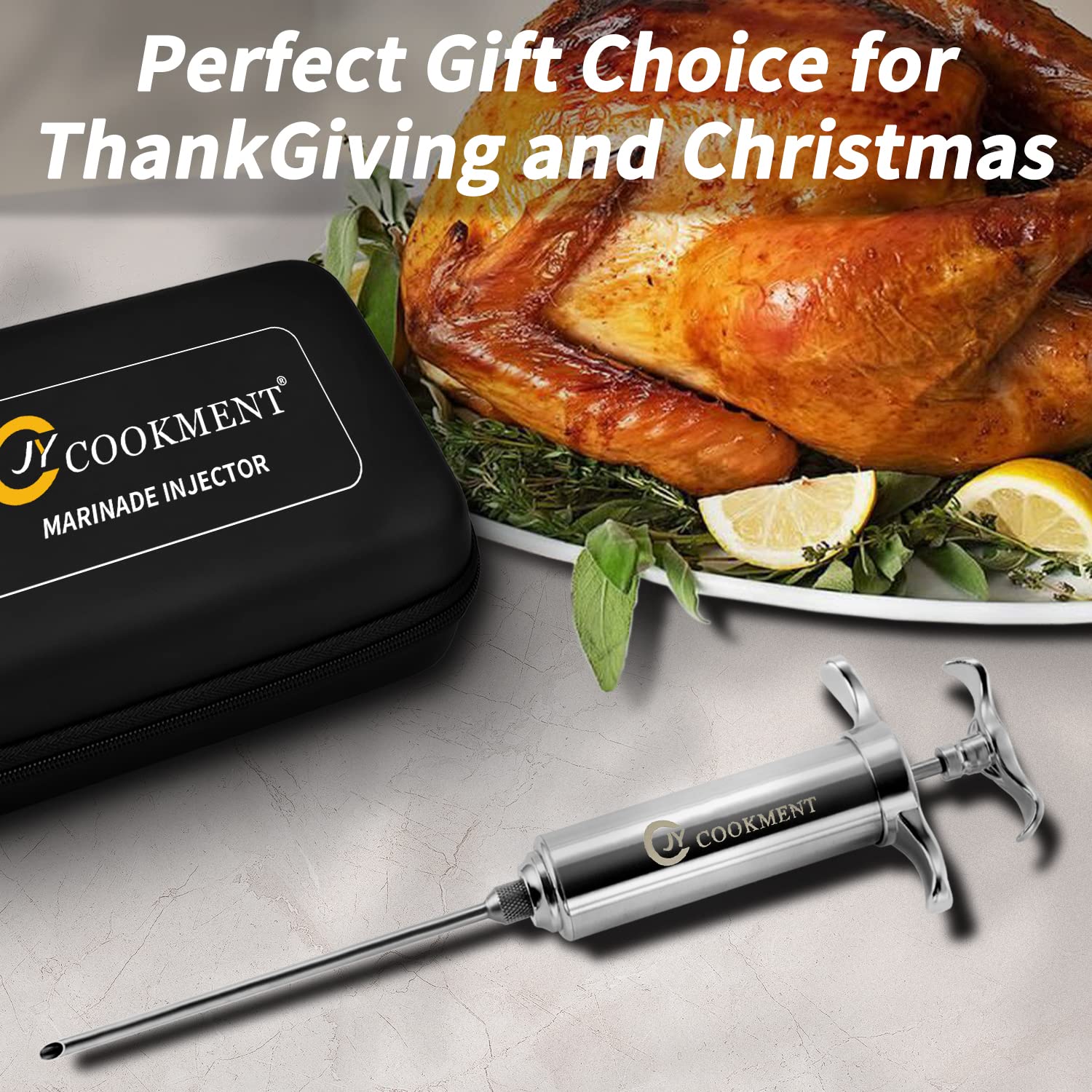 Premium 2-oz Stainless Steel Meat Injector Syringe with 3 Needles & Travel Case - Perfect for BBQ, Grilling, Smoking Turkey & Brisket - Includes Paper Instructions & Free E-book by JY COOKMENT - Ideal for Home Chefs, Outdoor Cooking & Holiday Meals