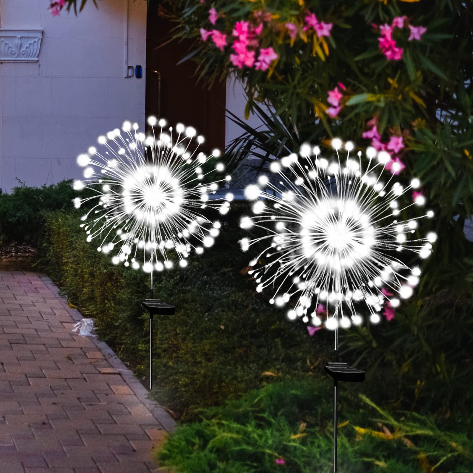 180 LED Solar Garden Lights - Waterproof Outdoor Solar Firework Stake Lights, 2 Pack Solar Powered Twinkle String Lights for Yard, Pathway, Patio Decor (White) | Perfect for Backyard, Garden, Walkway & Landscape Lighting